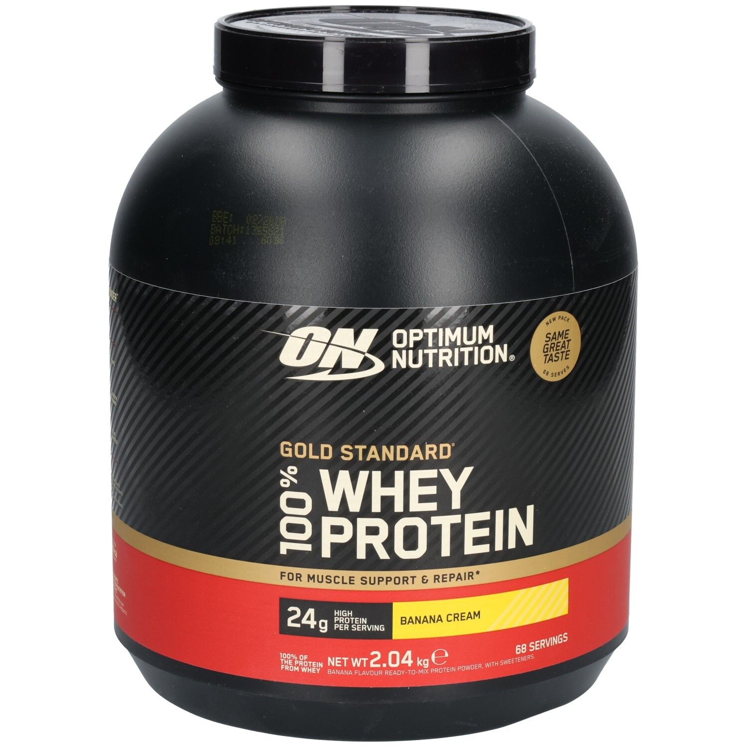 Schwarzer Behälter mit goldener und roter Beschriftung. Aufschrift: Optimum Nutrition, Gold Standard 100% Whey Protein. Geschmack: Banana Cream.