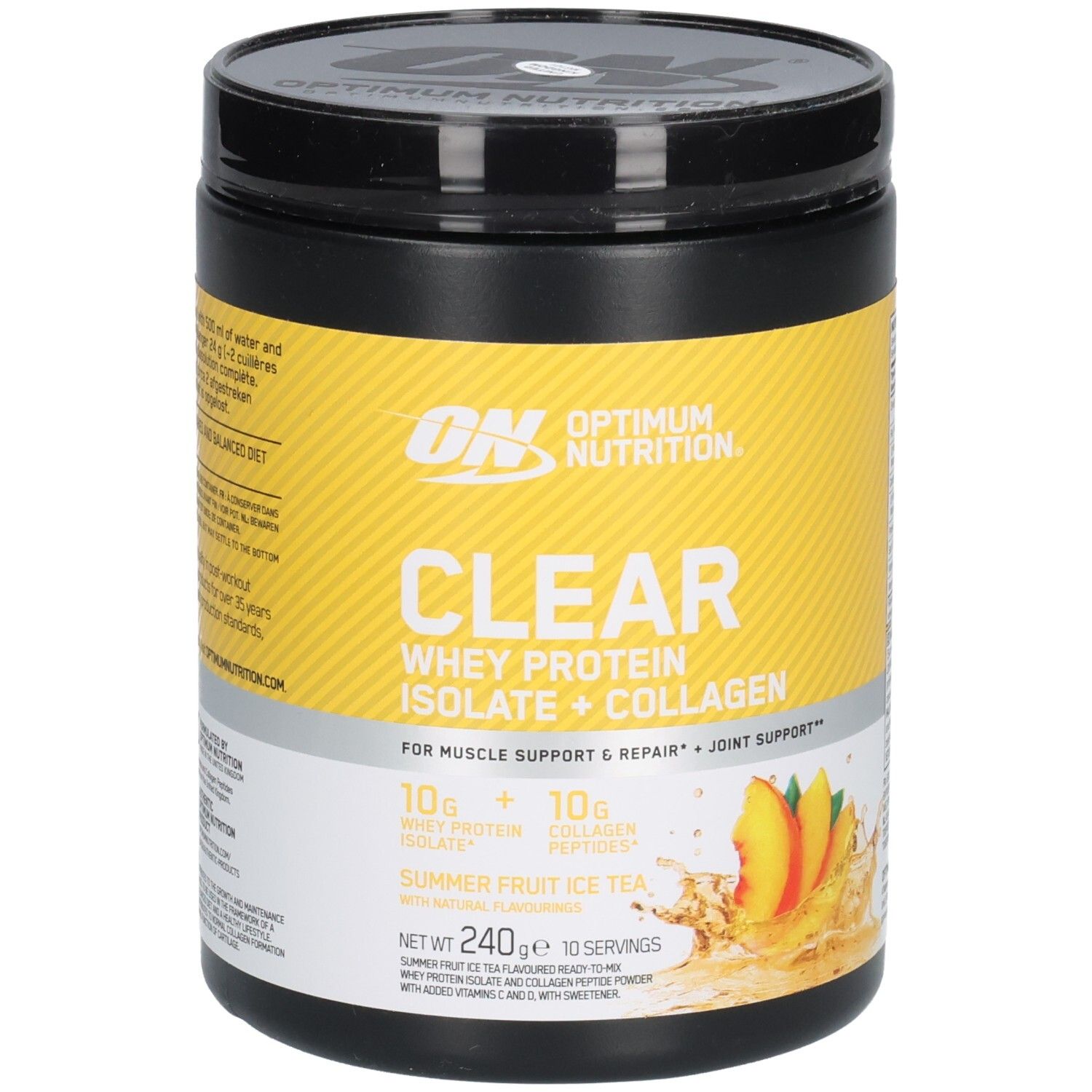 Schwarzer Behälter mit gelbem Etikett. Aufschrift: CLEAR Whey Protein Isolate + Collagen. Abbildung von Pfirsichen. Marke: Optimum Nutrition.