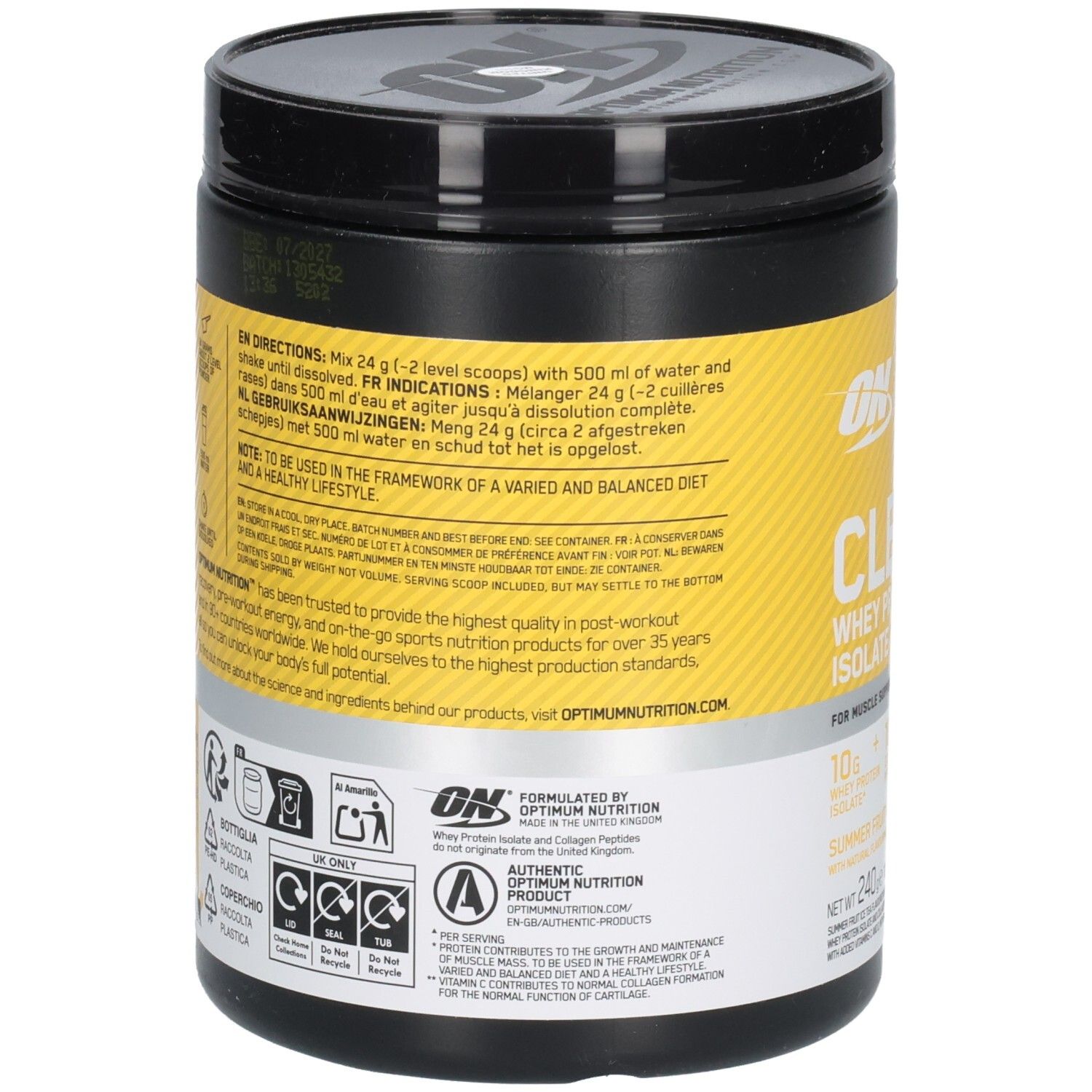Schwarzer Behälter, Rückseite mit gelbem Etikett. Text: Gebrauchsanweisung, Nährwertangaben, Inhaltsstoffe. Marke: Optimum Nutrition.
