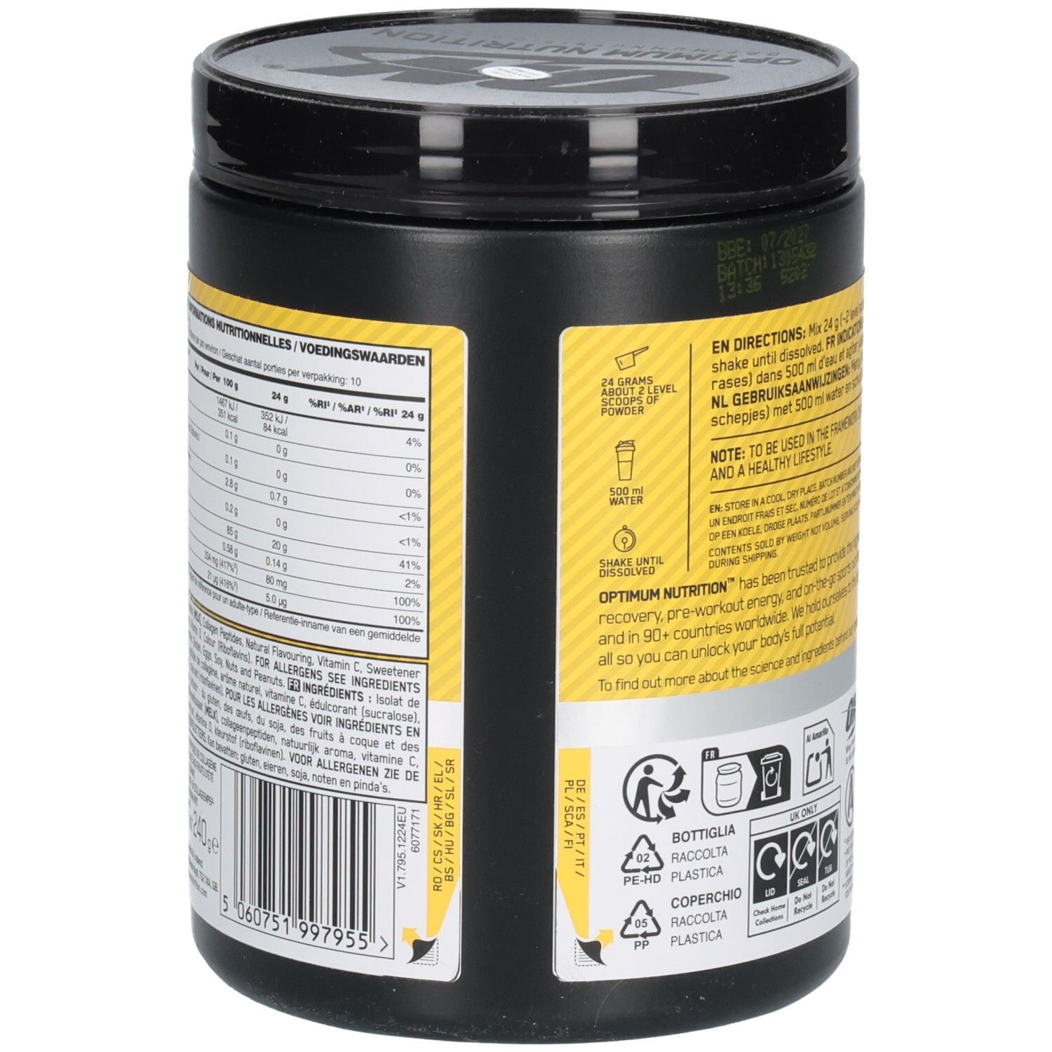 Schwarzer Behälter, Rückseite mit gelbem Etikett. Text: Nährwertangaben, Inhaltsstoffe. Marke: Optimum Nutrition.