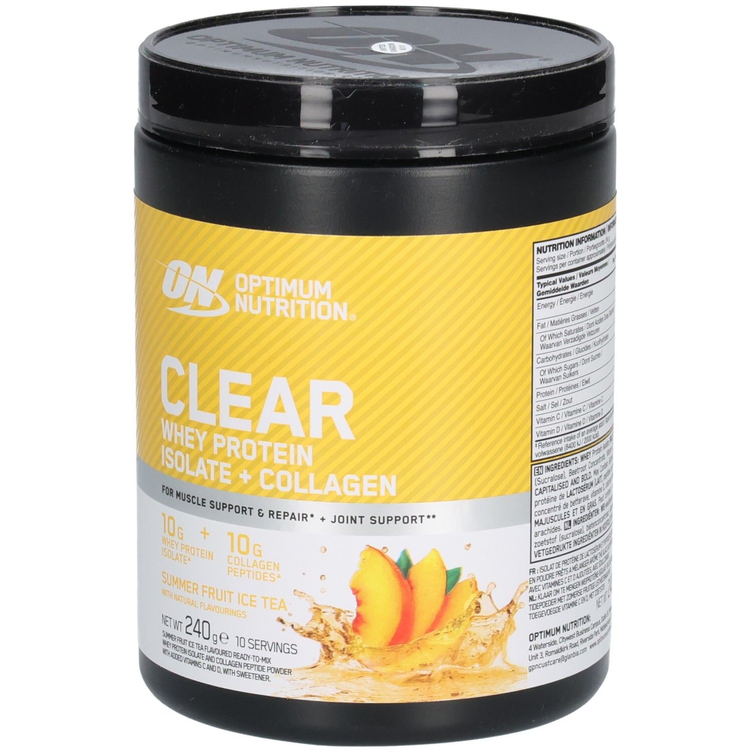 Schwarzer Behälter mit gelbem Etikett. Aufschrift: CLEAR Whey Protein Isolate + Collagen. Abbildung von Pfirsichen. Marke: Optimum Nutrition.