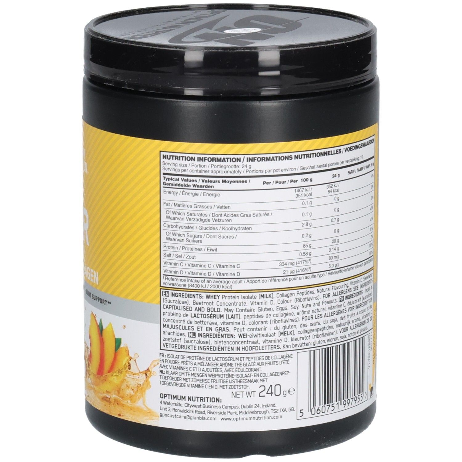 Schwarzer Behälter, Rückseite mit gelbem Etikett. Text: Nährwertangaben, Inhaltsstoffe. Marke: Optimum Nutrition.