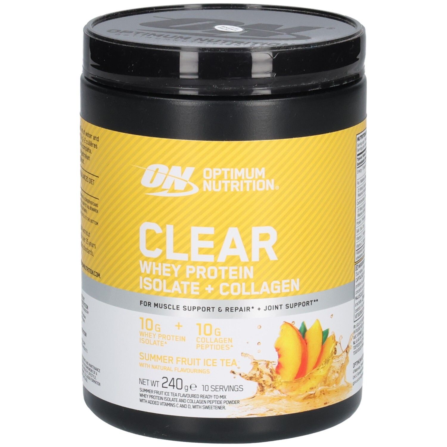 Schwarzer Behälter mit gelbem Etikett. Aufschrift: CLEAR Whey Protein Isolate + Collagen. Abbildung von Pfirsichen. Marke: Optimum Nutrition.