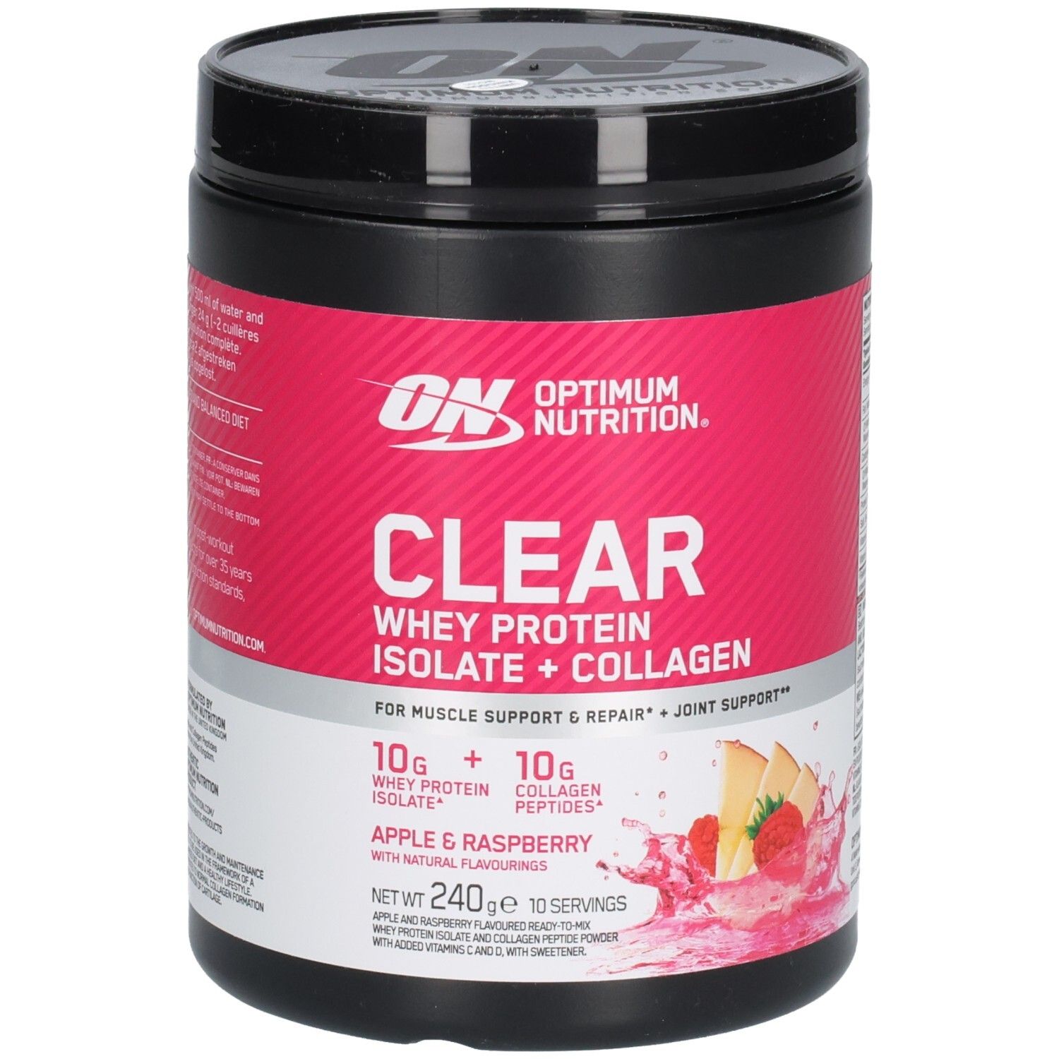 Schwarze Dose mit rosa Etikett. Aufschrift: Optimum Nutrition Clear Whey Protein Isolate + Collagen. Geschmack: Apple & Raspberry.