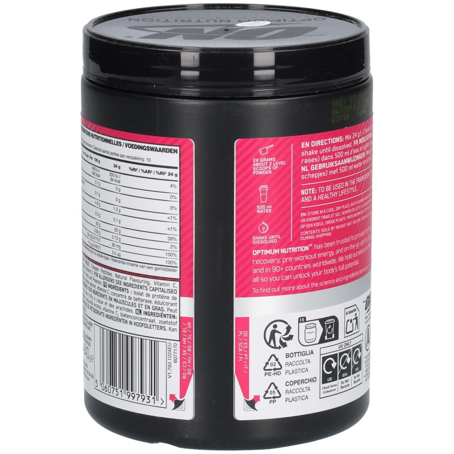 Seite der schwarzen Dose. Rosa Etikett mit Text. Enthält Nährwertangaben und Informationen zu Inhaltsstoffen.
