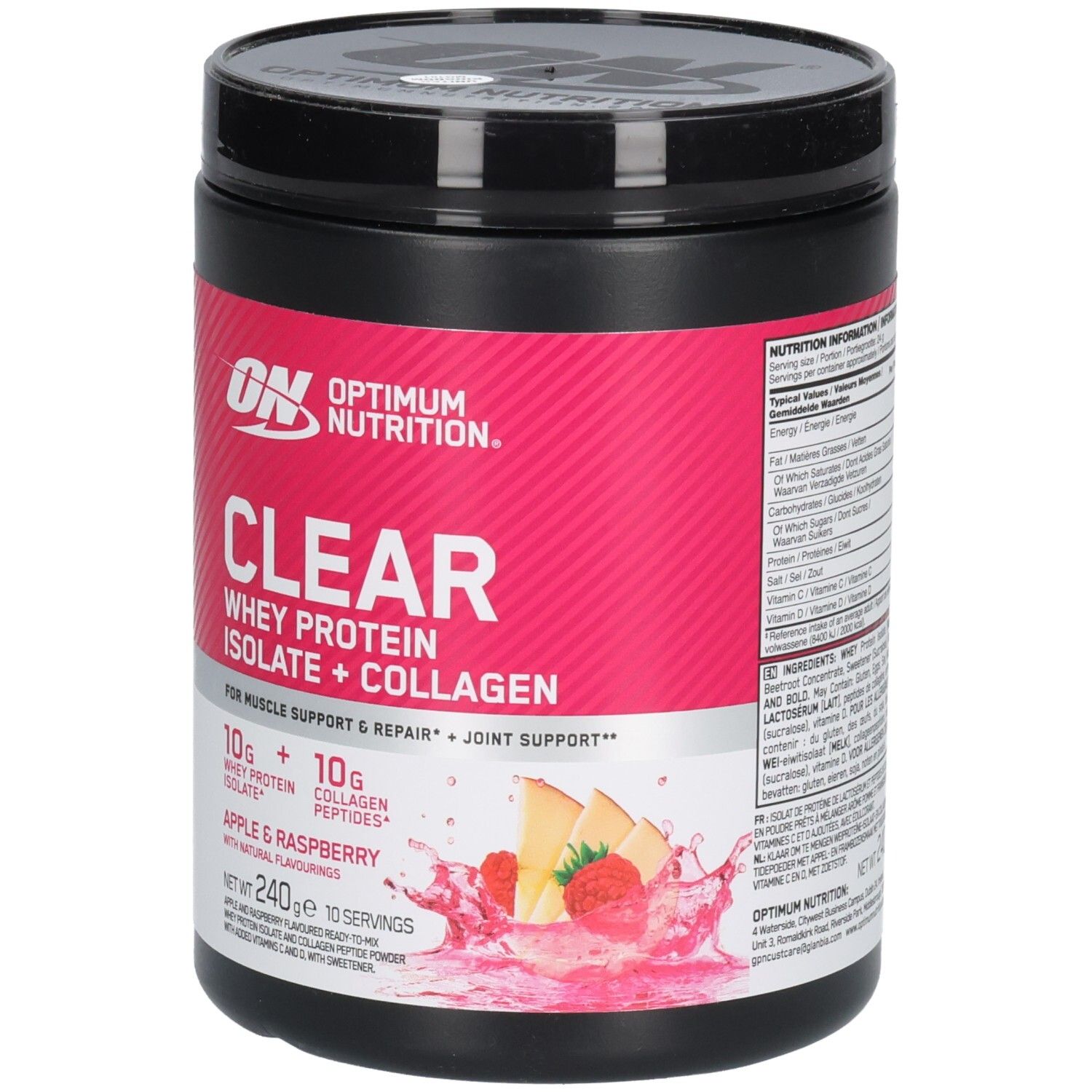 Schwarze Dose mit rosa Etikett. Aufschrift: Optimum Nutrition Clear Whey Protein Isolate + Collagen. Geschmack: Apple & Raspberry.