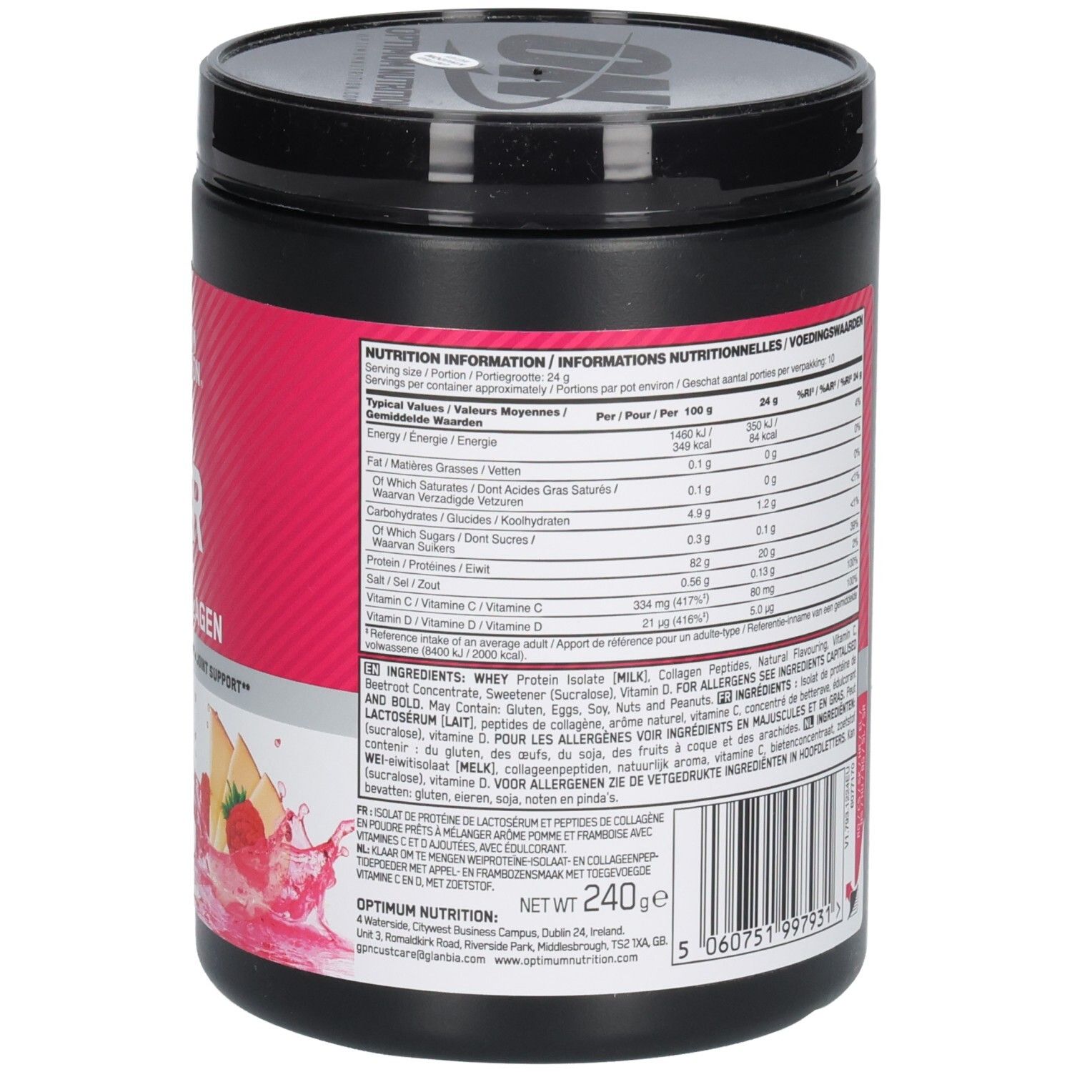 Seite der schwarzen Dose. Rosa Etikett mit Text. Enthält Nährwertangaben und Informationen zu Inhaltsstoffen.