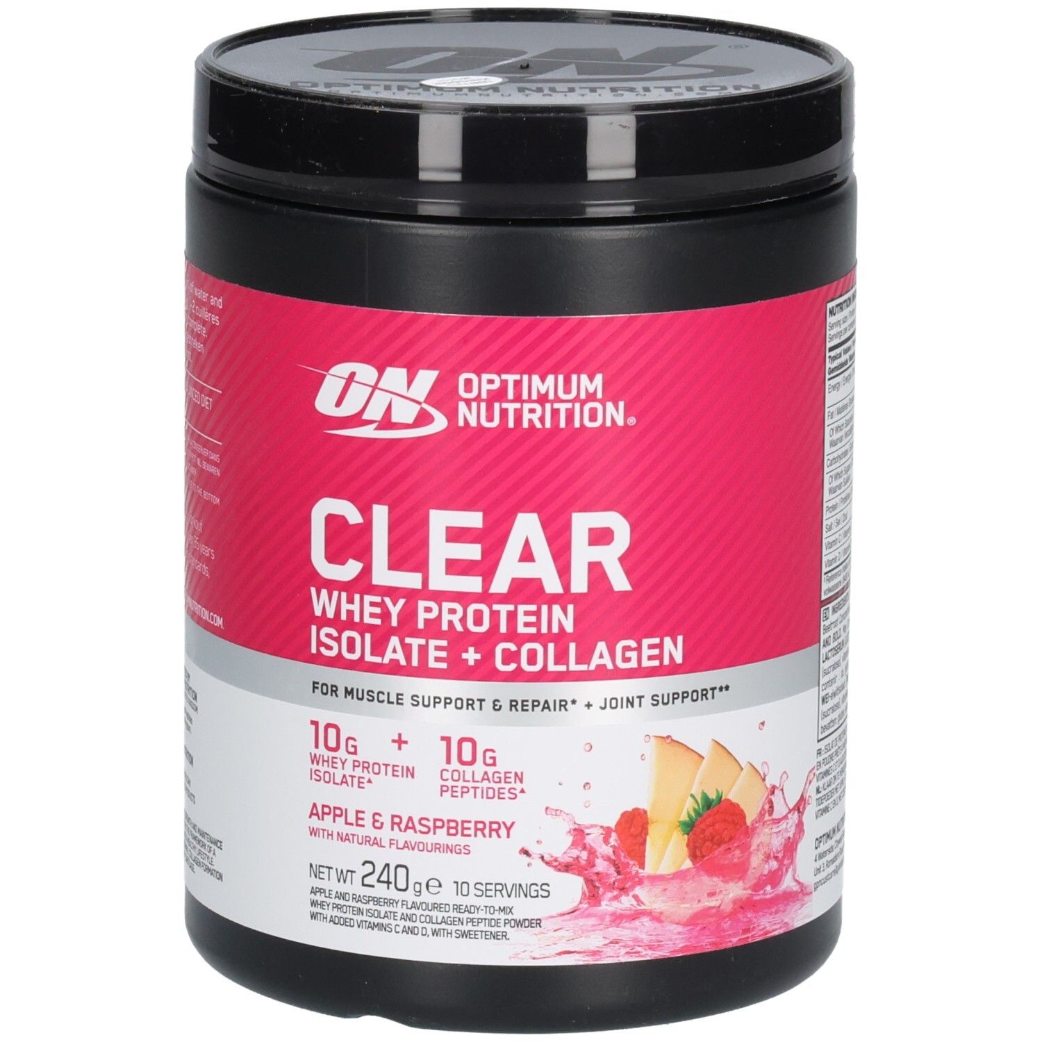 Schwarze Dose mit rosa Etikett. Aufschrift: Optimum Nutrition Clear Whey Protein Isolate + Collagen. Geschmack: Apple & Raspberry.