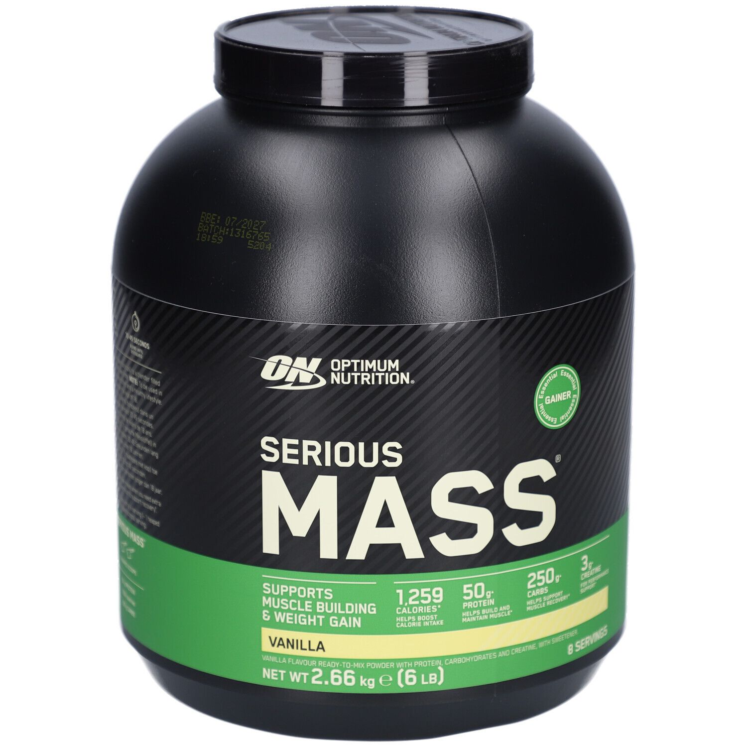 Pot noir avec étiquette verte. Inscription: Serious Mass, Vanilla. Contient 1259 calories, 50g de protéines, 250g de glucides.