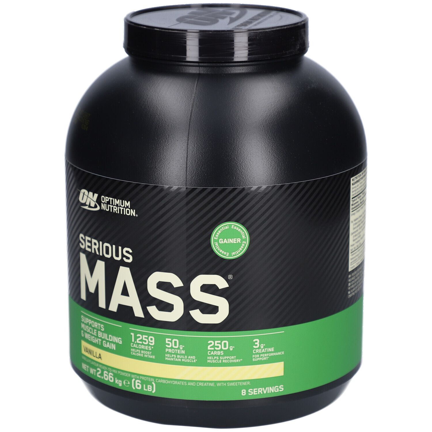 Pot noir avec étiquette verte. Inscription: Serious Mass, Vanilla. Contient 1259 calories, 50g de protéines, 250g de glucides.