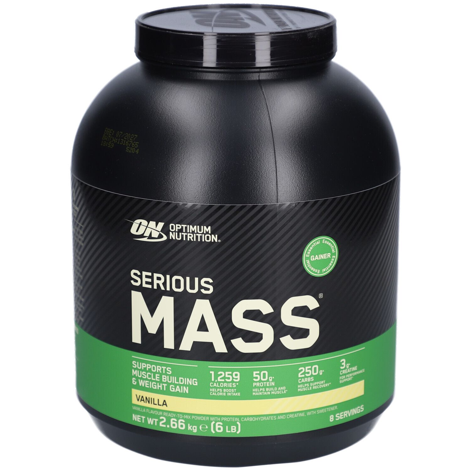 Pot noir avec étiquette verte. Inscription: Serious Mass, Vanilla. Contient 1259 calories, 50g de protéines, 250g de glucides.