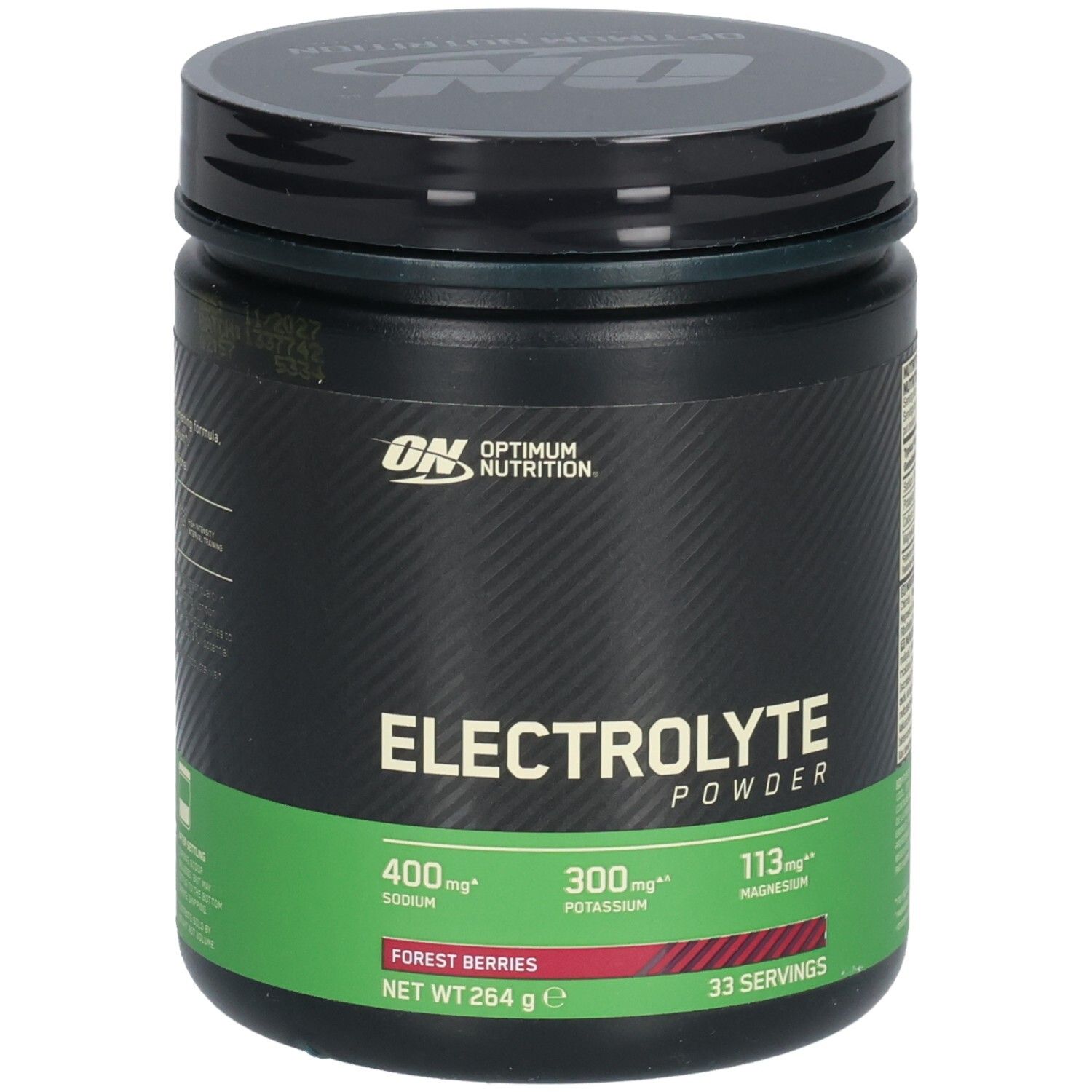 Schwarze Dose mit grünem Etikett. Aufschrift: Electrolyte Powder, 400mg Natrium, 300mg Kalium, 113mg Magnesium. Waldbeeren. 33 Portionen.