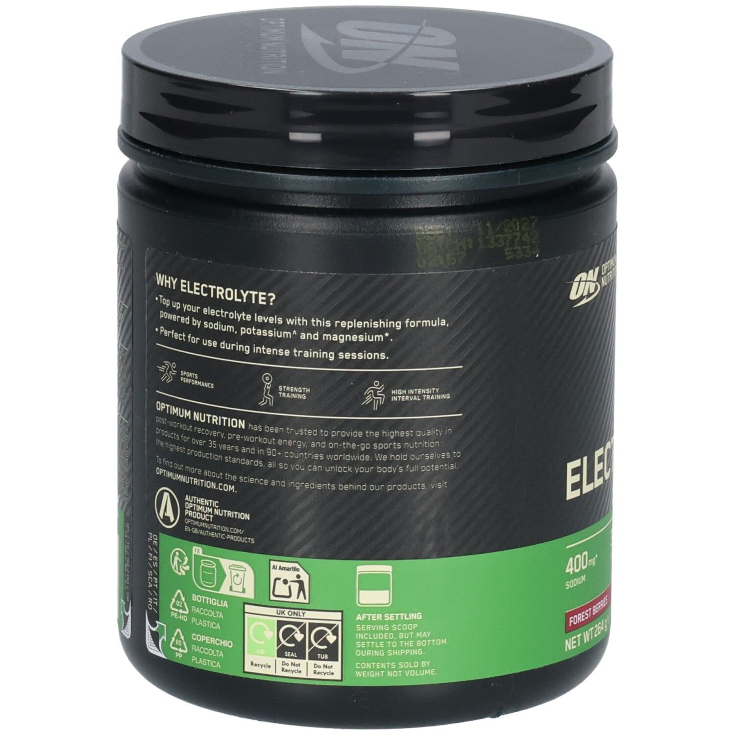Rückseite einer schwarzen Dose mit grünem Etikett. Text: Warum Elektrolyte? Enthält Natrium, Kalium und Magnesium. Recycling-Symbole.