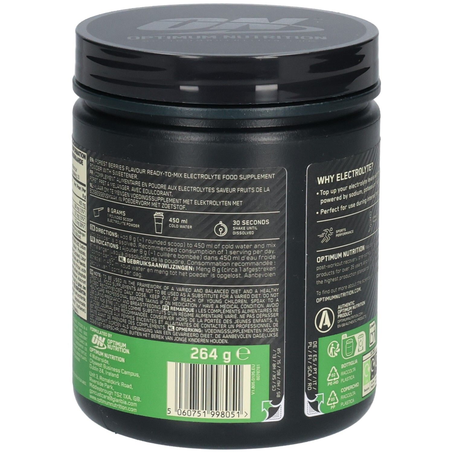 Rückseite einer schwarzen Dose mit grünem Etikett. Text: Fertig-Mix-Elektrolyt-Nahrungsergänzungsmittel. 264g. Anweisungen. Optimum Nutrition.