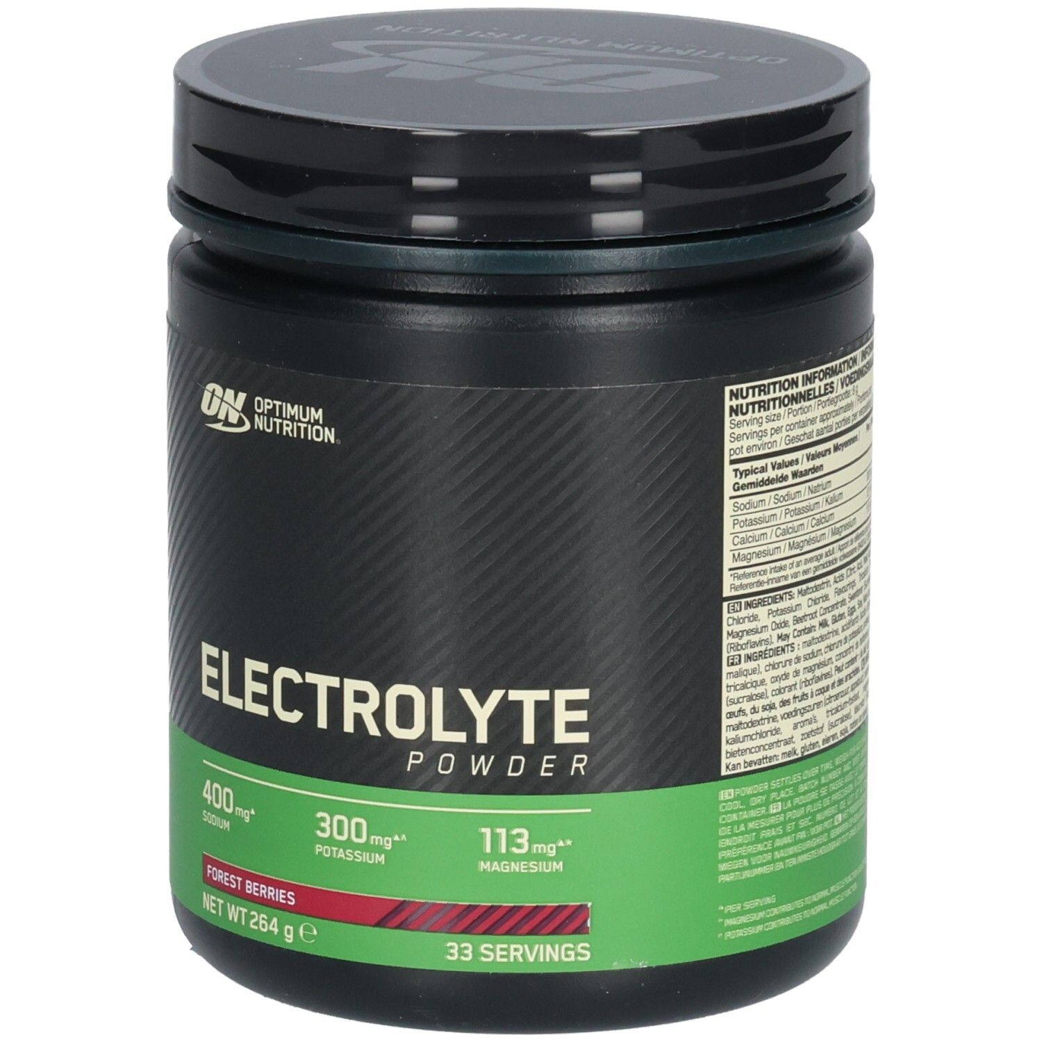 Schwarze Dose mit grünem Etikett. Aufschrift: Electrolyte Powder, 400mg Natrium, 300mg Kalium, 113mg Magnesium. Waldbeeren. 33 Portionen.