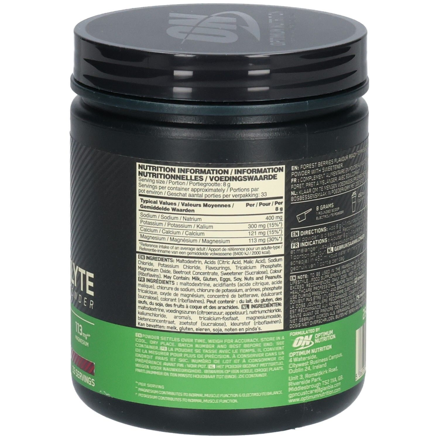 Rückseite einer schwarzen Dose mit grünem Etikett. Nährwertangaben. Zutatenliste. Optimum Nutrition.
