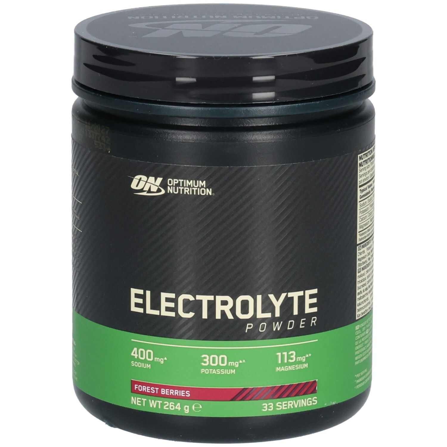 Schwarze Dose mit grünem Etikett. Aufschrift: Electrolyte Powder, 400mg Natrium, 300mg Kalium, 113mg Magnesium. Waldbeeren. 33 Portionen.