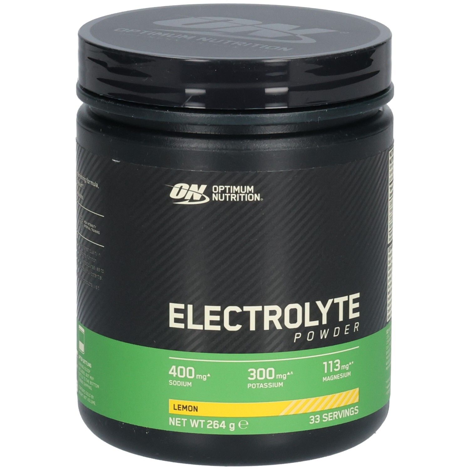 Schwarze Dose mit grünem Etikett. Aufschrift: Electrolyte Powder, Lemon. Marke: Optimum Nutrition. Enthält Natrium, Kalium, Magnesium.
