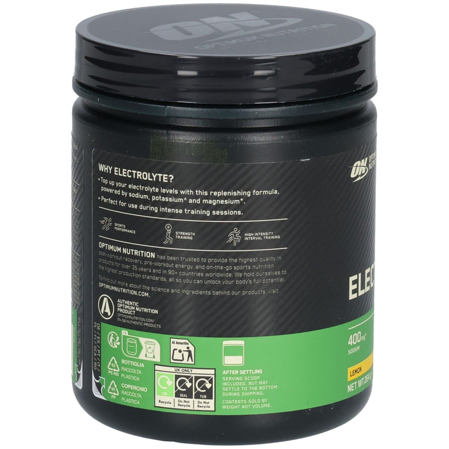 Rückseite der Dose. Text: Warum Elektrolyte? Marke: Optimum Nutrition. Informationen zu Inhaltsstoffen und Recycling-Symbolen.
