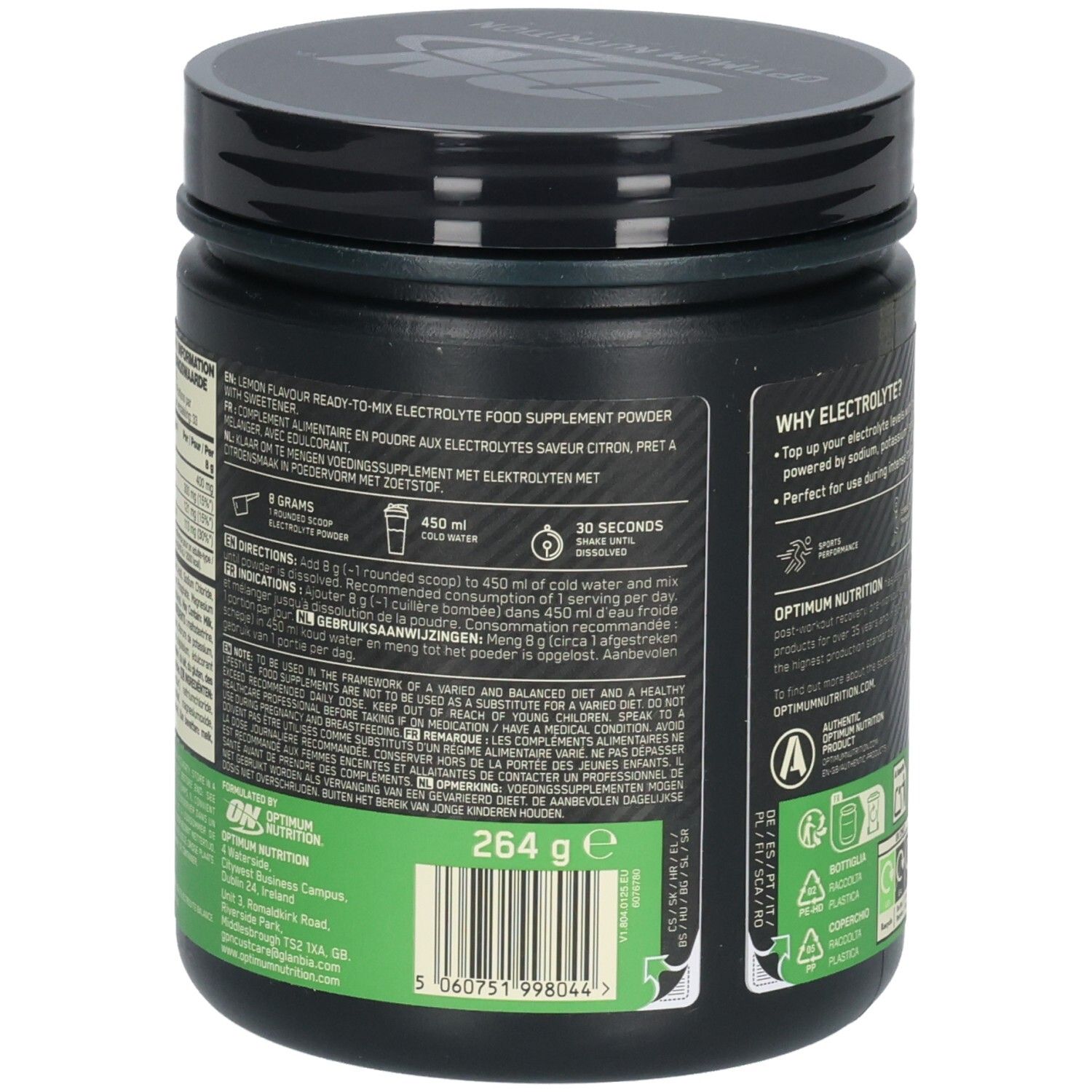 Rückseite der Dose. Text: Elektrolyt-Nahrungsergänzungsmittel. Marke: Optimum Nutrition. Informationen zu Inhaltsstoffen und Anwendung.