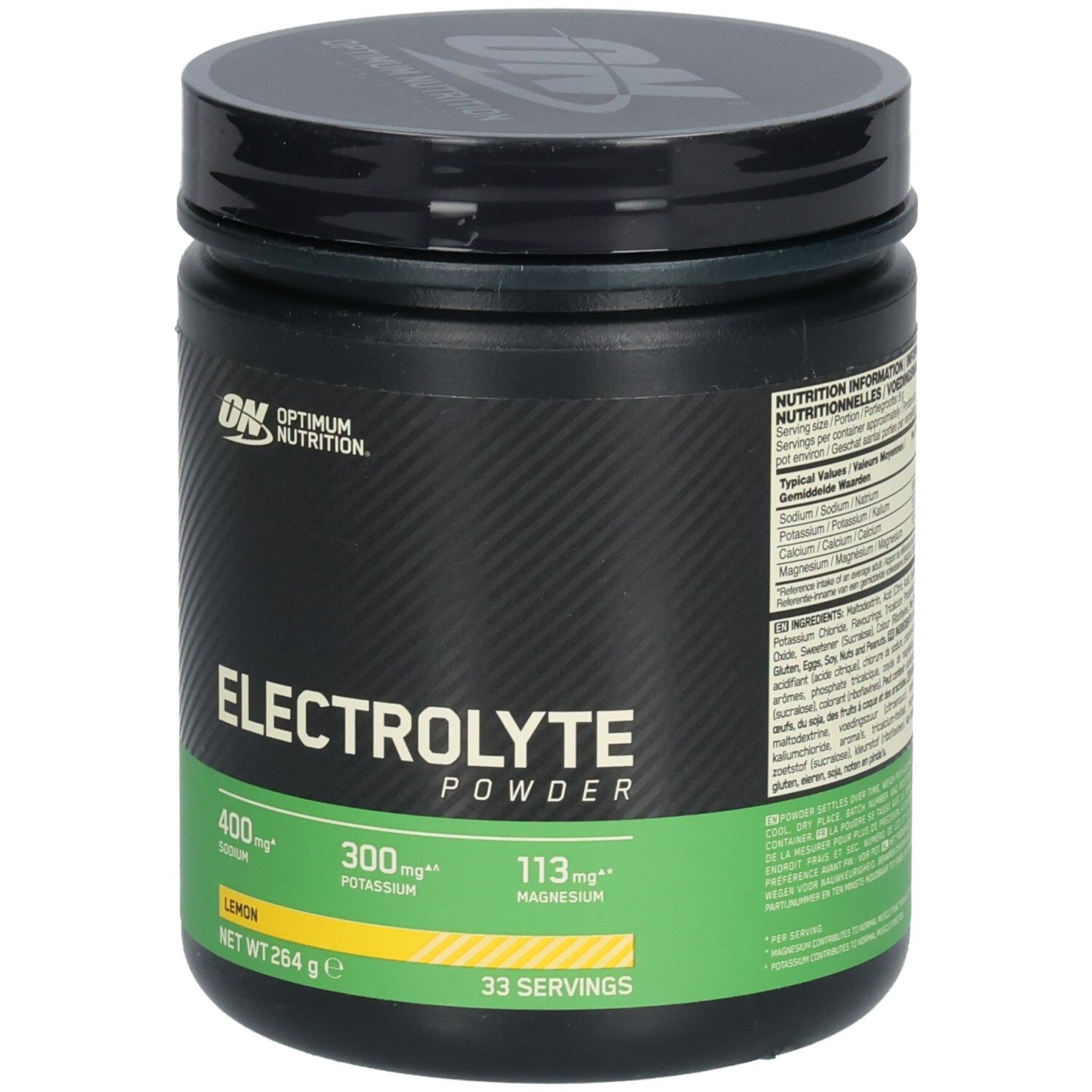 Schwarze Dose mit grünem Etikett. Aufschrift: Electrolyte Powder, Lemon. Marke: Optimum Nutrition. Enthält Natrium, Kalium, Magnesium.
