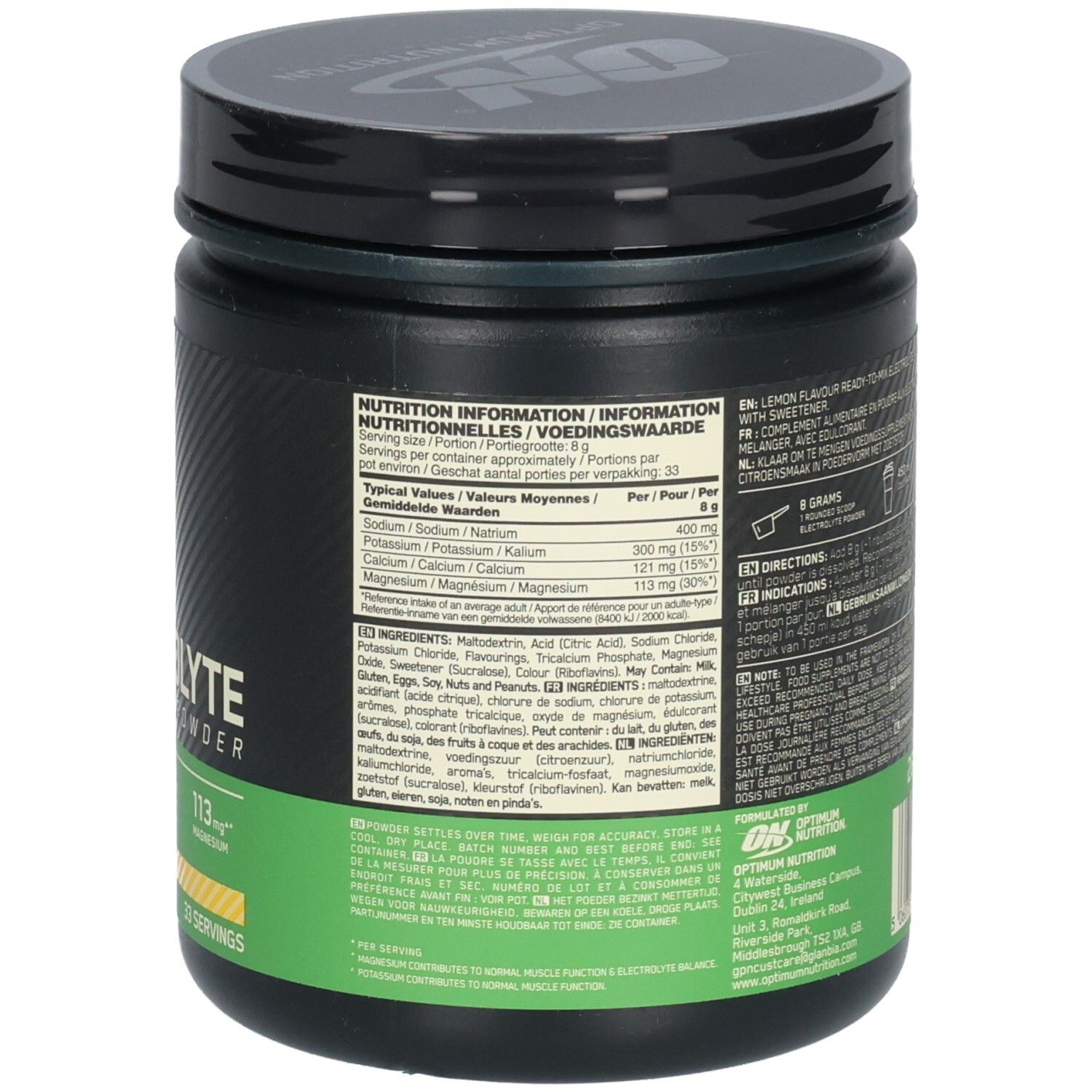 Rückseite der Dose. Nährwertangaben. Text: Electrolyte Powder. Marke: Optimum Nutrition. Inhaltsstoffe und Anwendungshinweise.