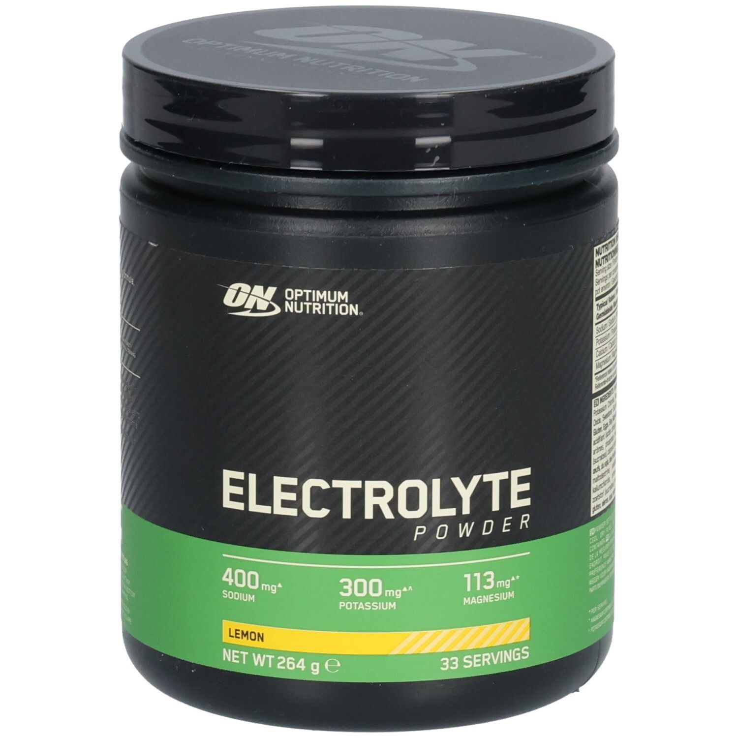Schwarze Dose mit grünem Etikett. Aufschrift: Electrolyte Powder, Lemon. Marke: Optimum Nutrition. Enthält Natrium, Kalium, Magnesium.