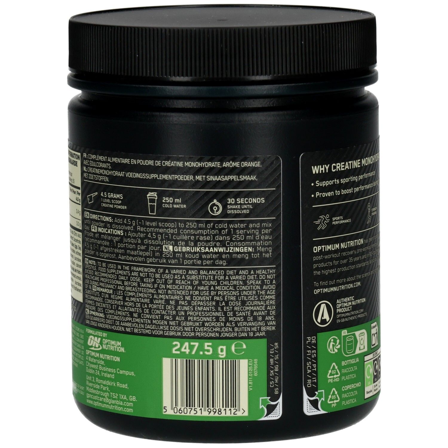 Dos du pot noir. Texte : Complément alimentaire. Instructions : 4,5 g dans 250 ml d'eau. Marque : Optimum Nutrition. 247,5 g.