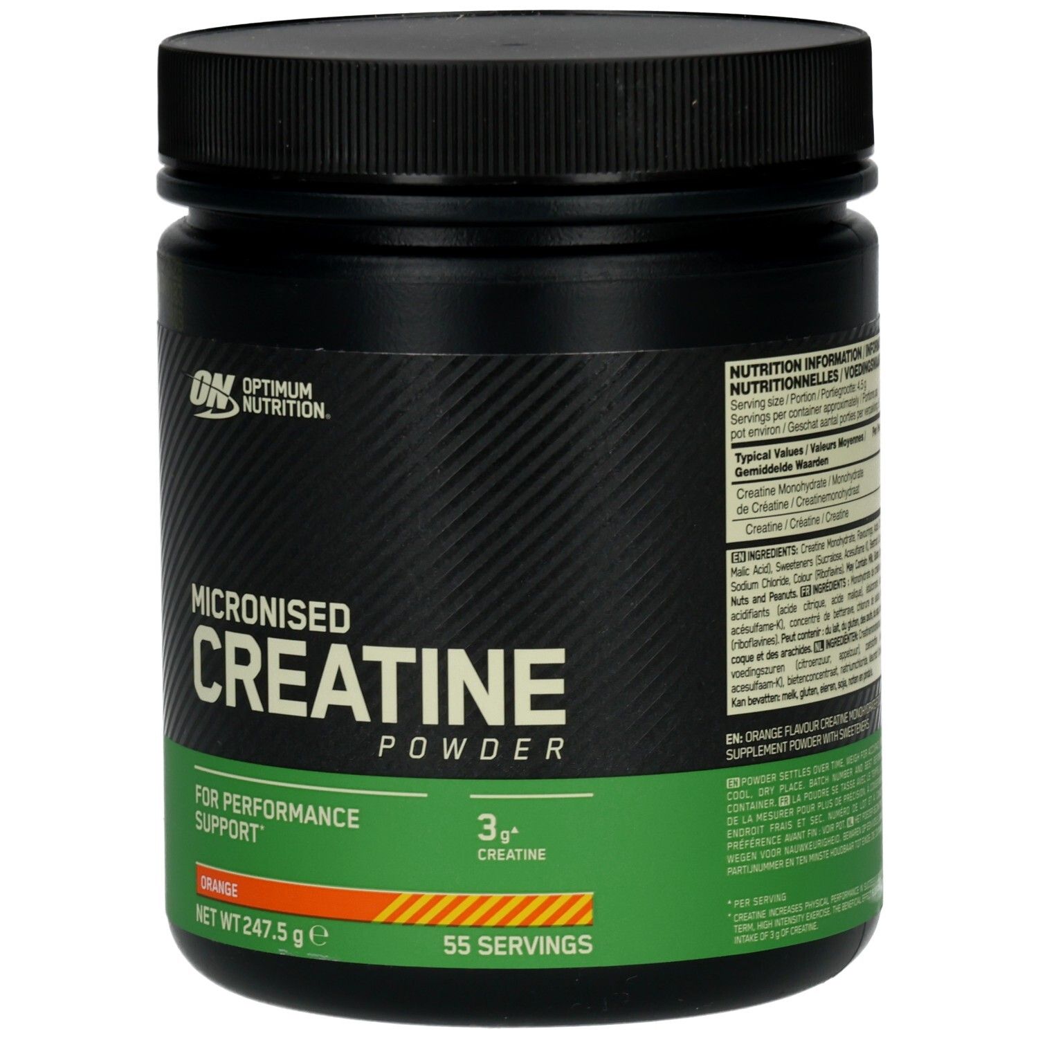 Pot noir avec étiquette orange. Inscription : Micronised Creatine Powder. Marque : Optimum Nutrition. 247,5 g.