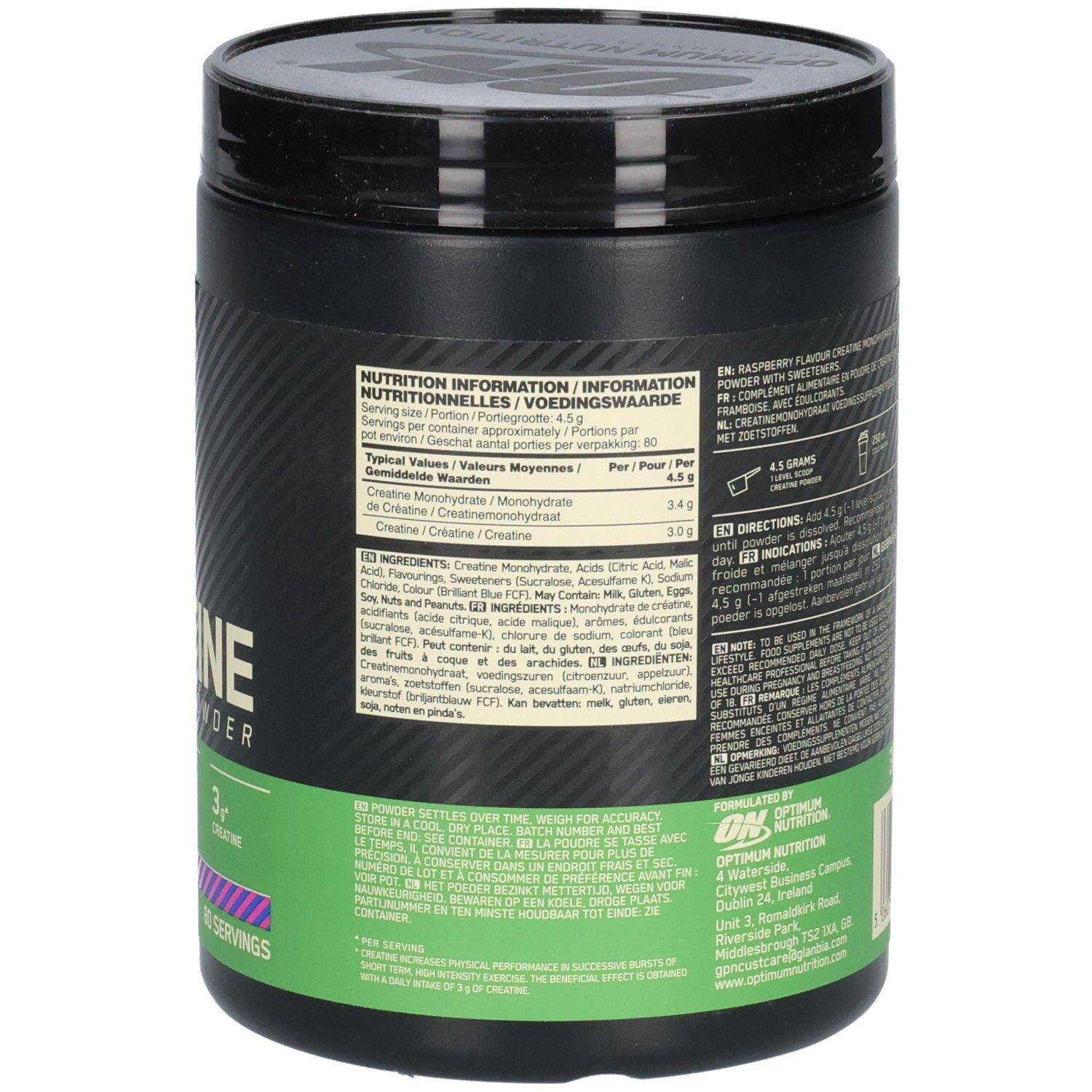 Rückseite der Dose mit Text: Nährwertangaben, Zutaten, Himbeergeschmack, 360g, 80 Portionen.