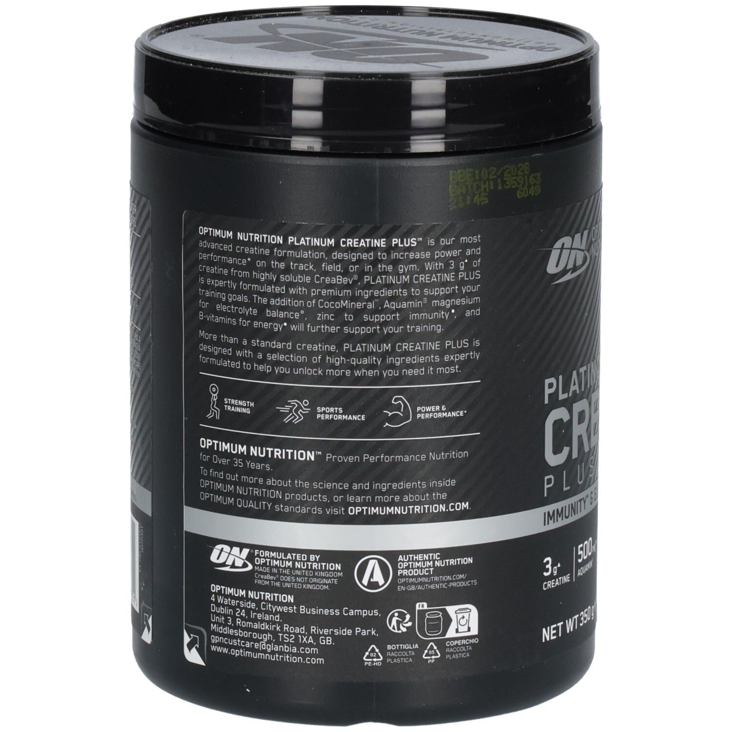 Dos du pot noir. Informations textuelles sur "Optimum Nutrition Platinum Creatine Plus".