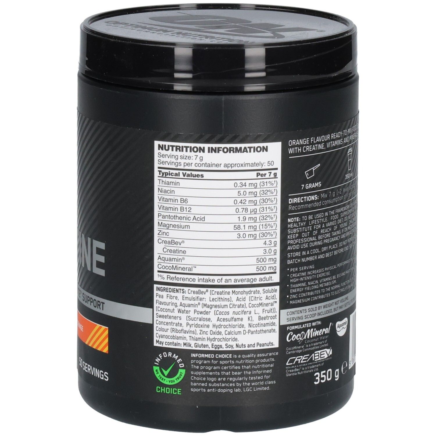 Dos du pot noir. Informations nutritionnelles et liste des ingrédients. Zone orange.