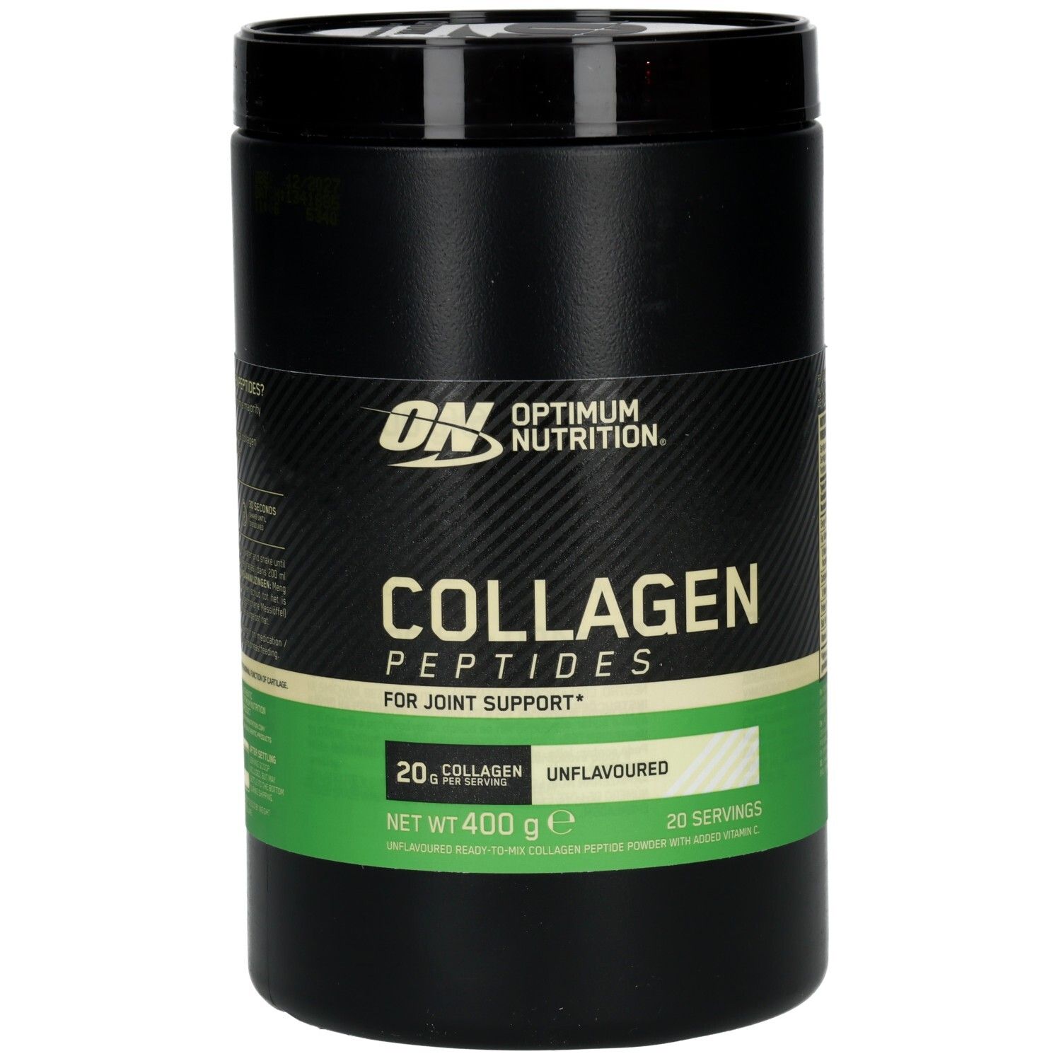 Récipient noir avec logo ON et inscription Collagen Peptides. Bande verte et blanche avec informations produit.