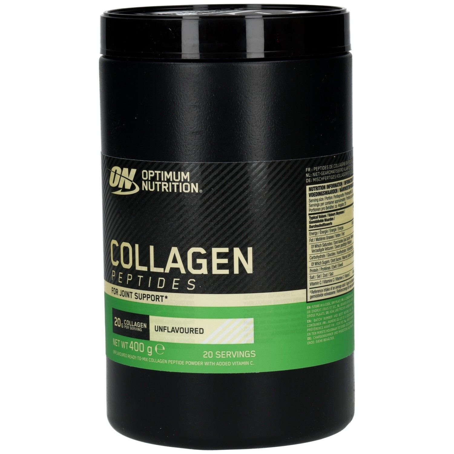 Récipient noir avec logo ON et inscription Collagen Peptides. Bande verte et blanche avec informations produit.