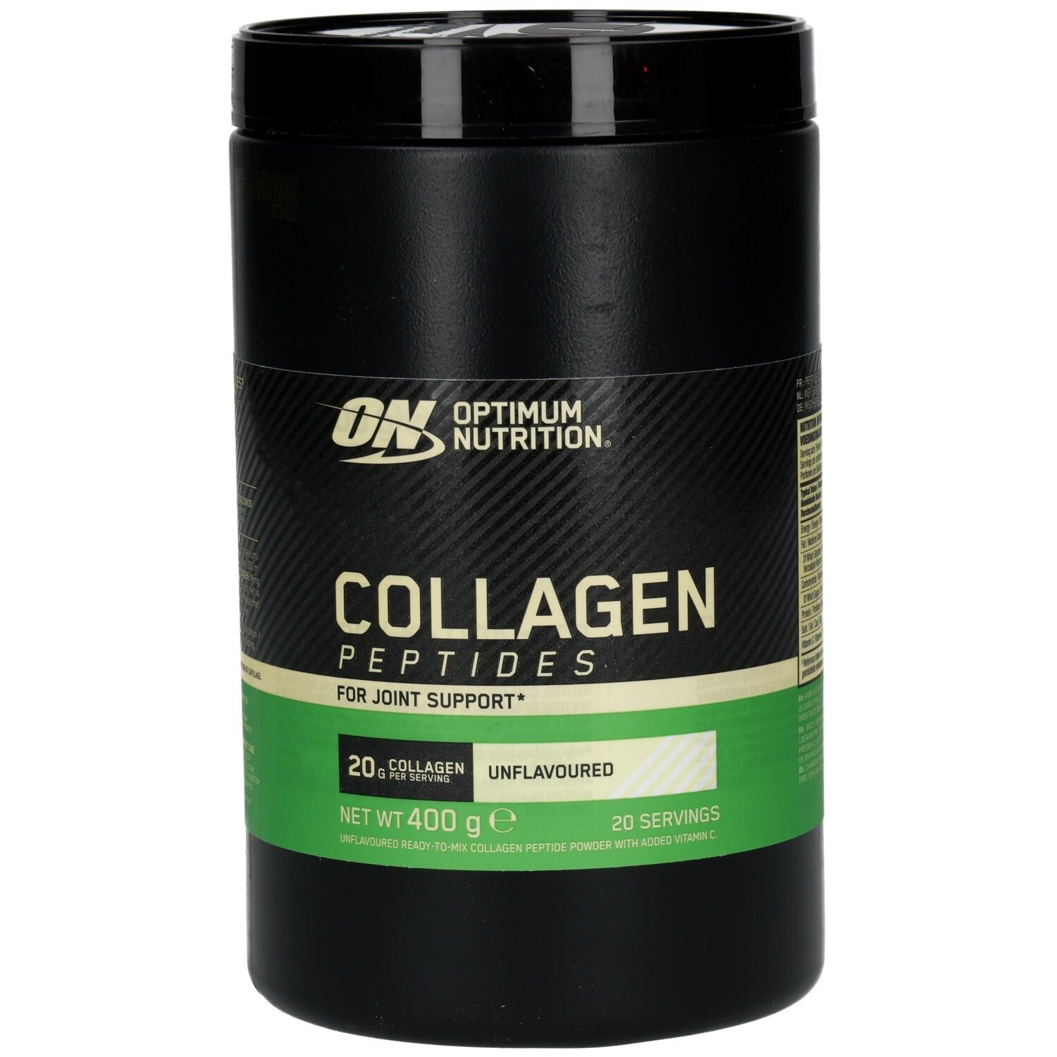Récipient noir avec logo ON et inscription Collagen Peptides. Bande verte et blanche avec informations produit.