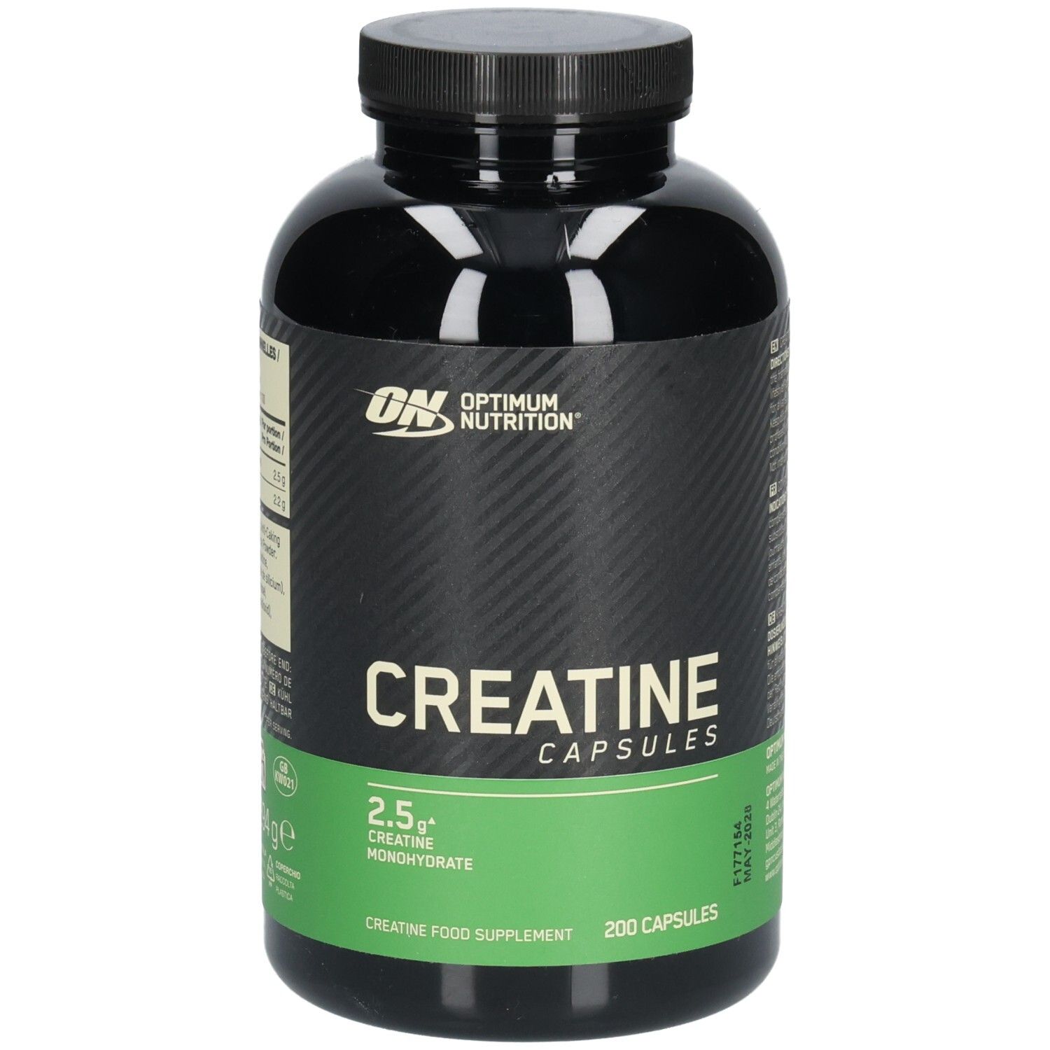 Flacon noir de capsules. Inscription: OPTIMUM NUTRITION, Creatine Capsules, 2.5g Creatine Monohydrate. 200 capsules.