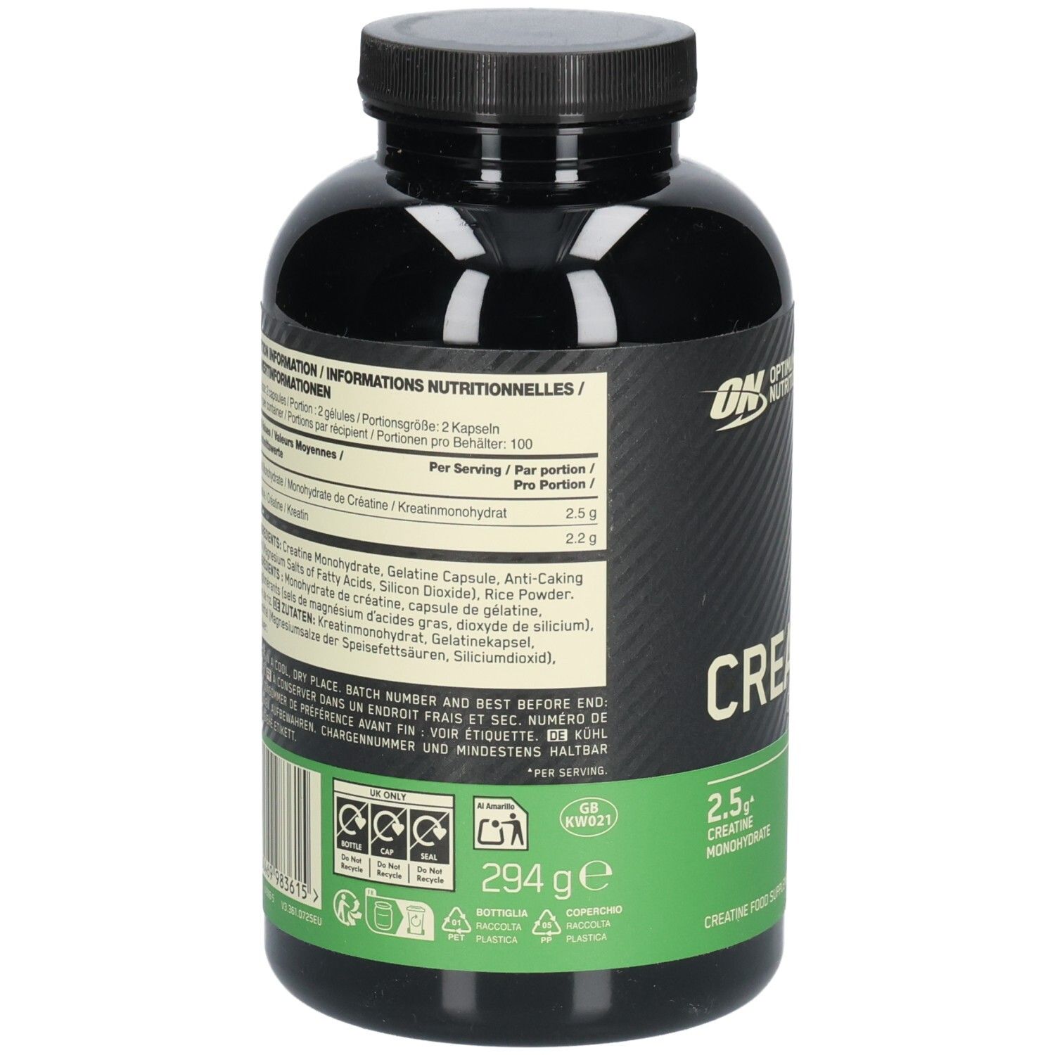 Dos du flacon avec informations nutritionnelles et ingrédients. Contient de la créatine monohydrate. 294g. Informations en plusieurs langues.