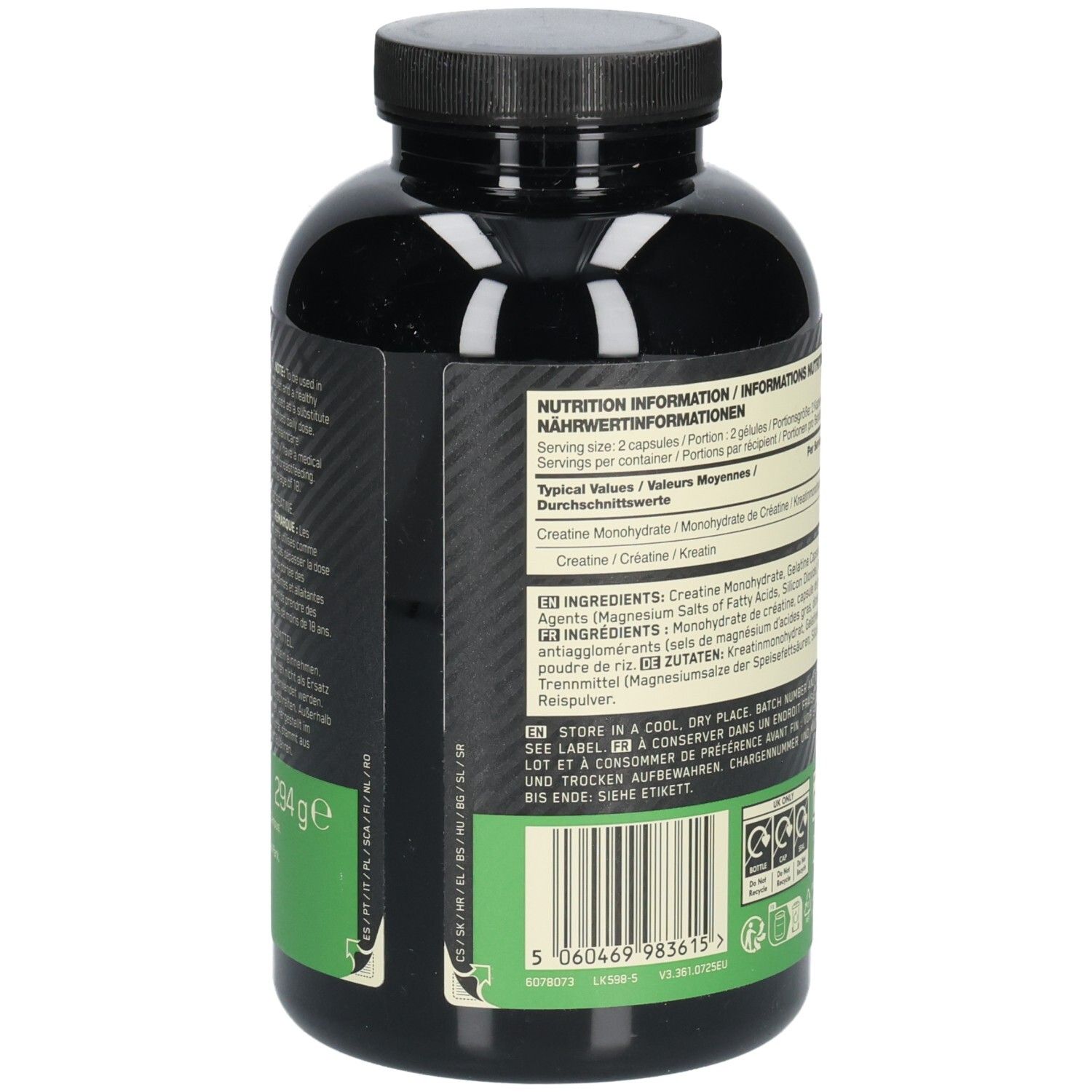 Dos du flacon avec informations nutritionnelles et ingrédients. Contient de la créatine monohydrate. 294g. Informations multilingues.