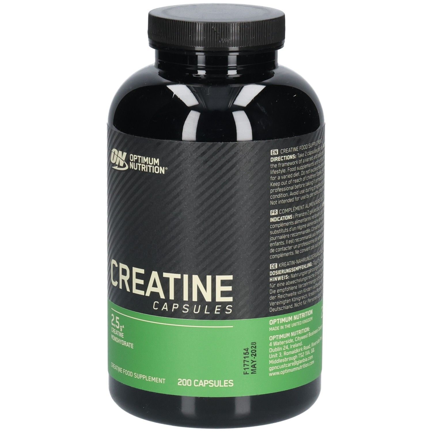 Flacon noir de capsules. Inscription: OPTIMUM NUTRITION, Creatine Capsules, 2.5g Creatine Monohydrate. 200 capsules.