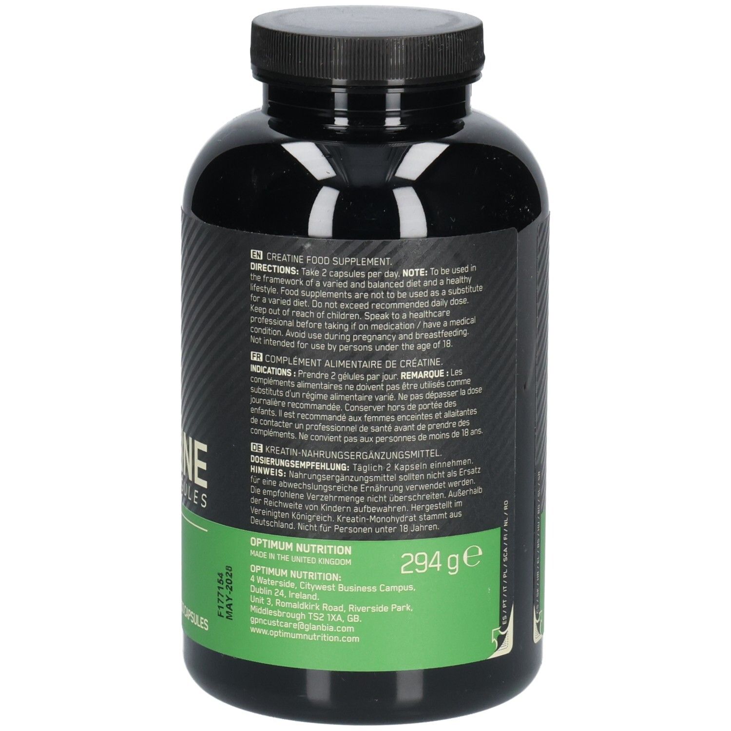 Dos du flacon avec informations nutritionnelles et ingrédients. Contient de la créatine monohydrate. 294g. Informations multilingues.