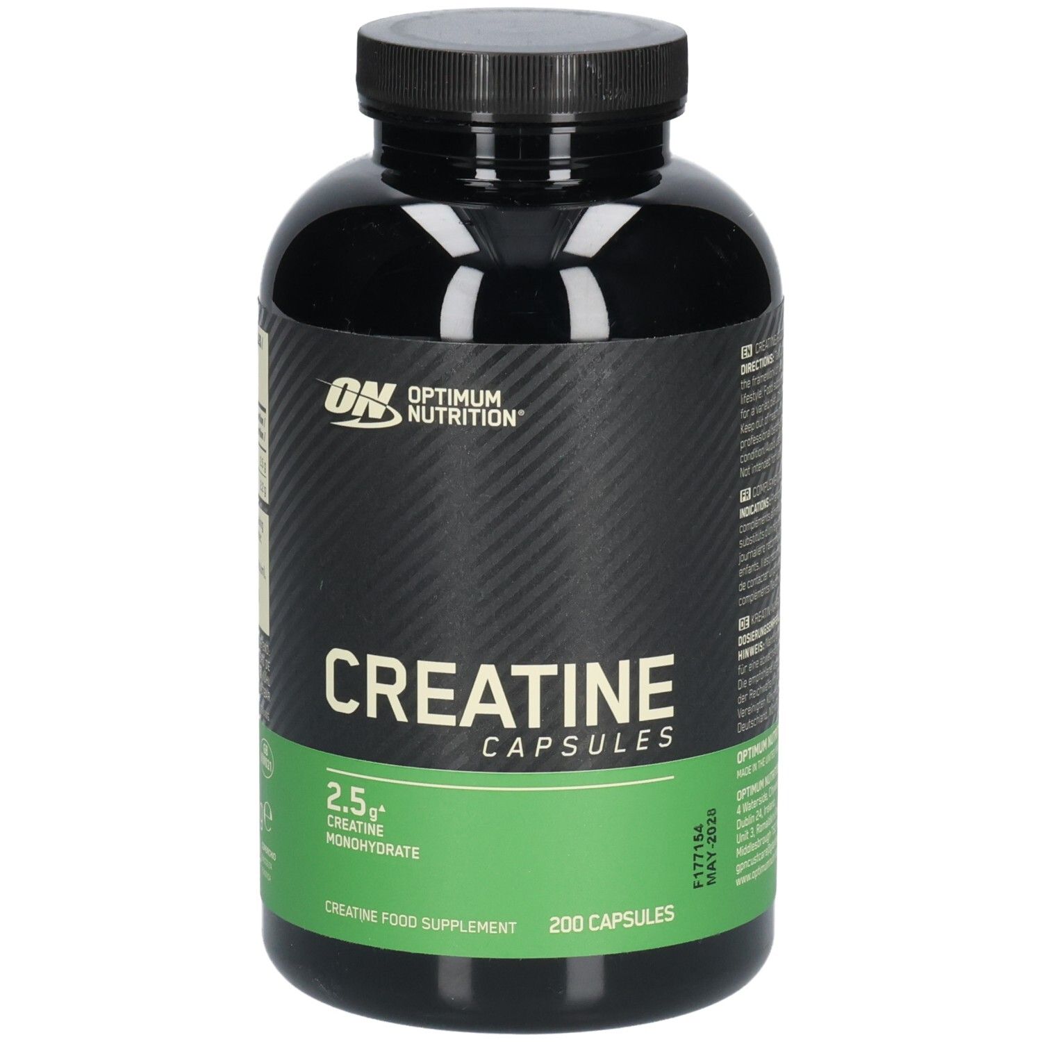 Flacon noir de capsules. Inscription: OPTIMUM NUTRITION, Creatine Capsules, 2.5g Creatine Monohydrate. 200 capsules.