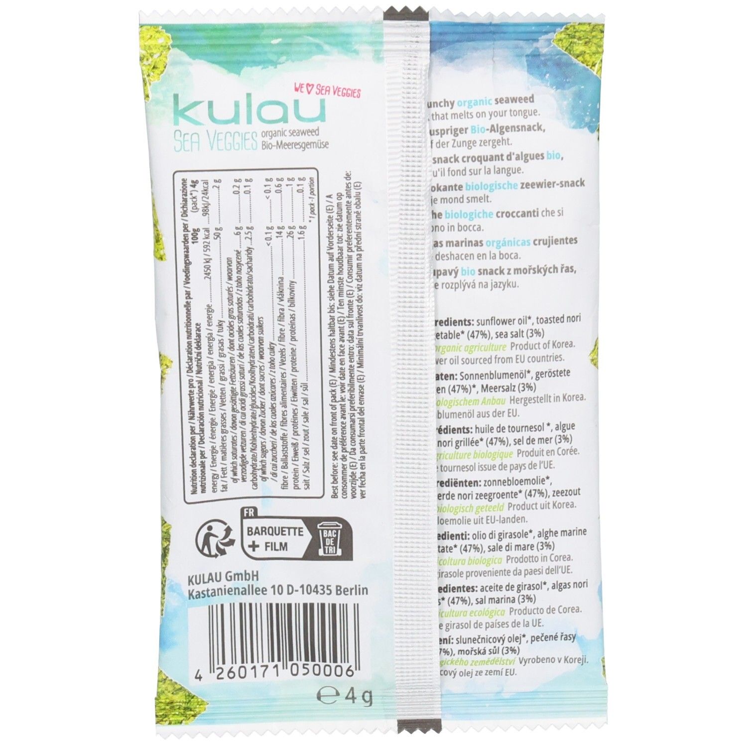 Dos de l'emballage du snack aux algues nori bio Kulau. Texte avec informations nutritionnelles et ingrédients. Symbole Barquette + Film.