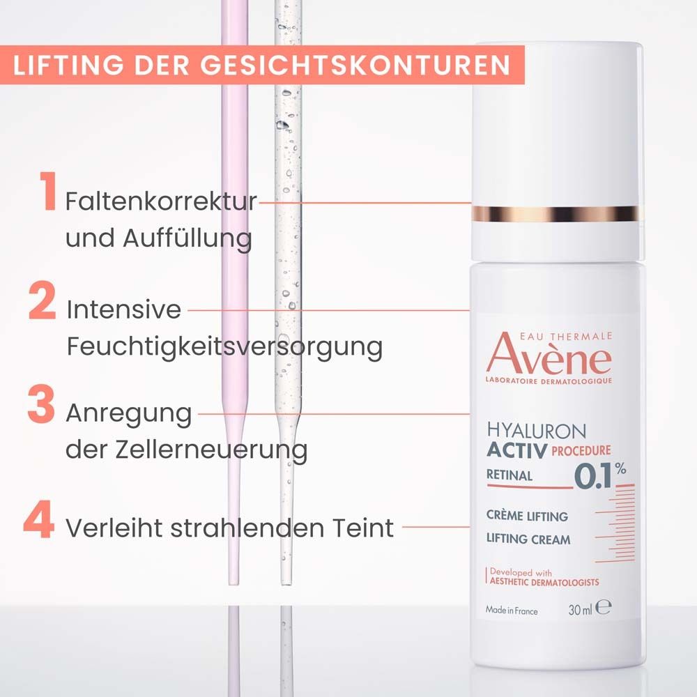 Crème liftante Avène. Flacon blanc, bouchon doré. Texte: Hyaluron Activ Procedure, Retinal 0.1%, Lifting Creme. 30ml.