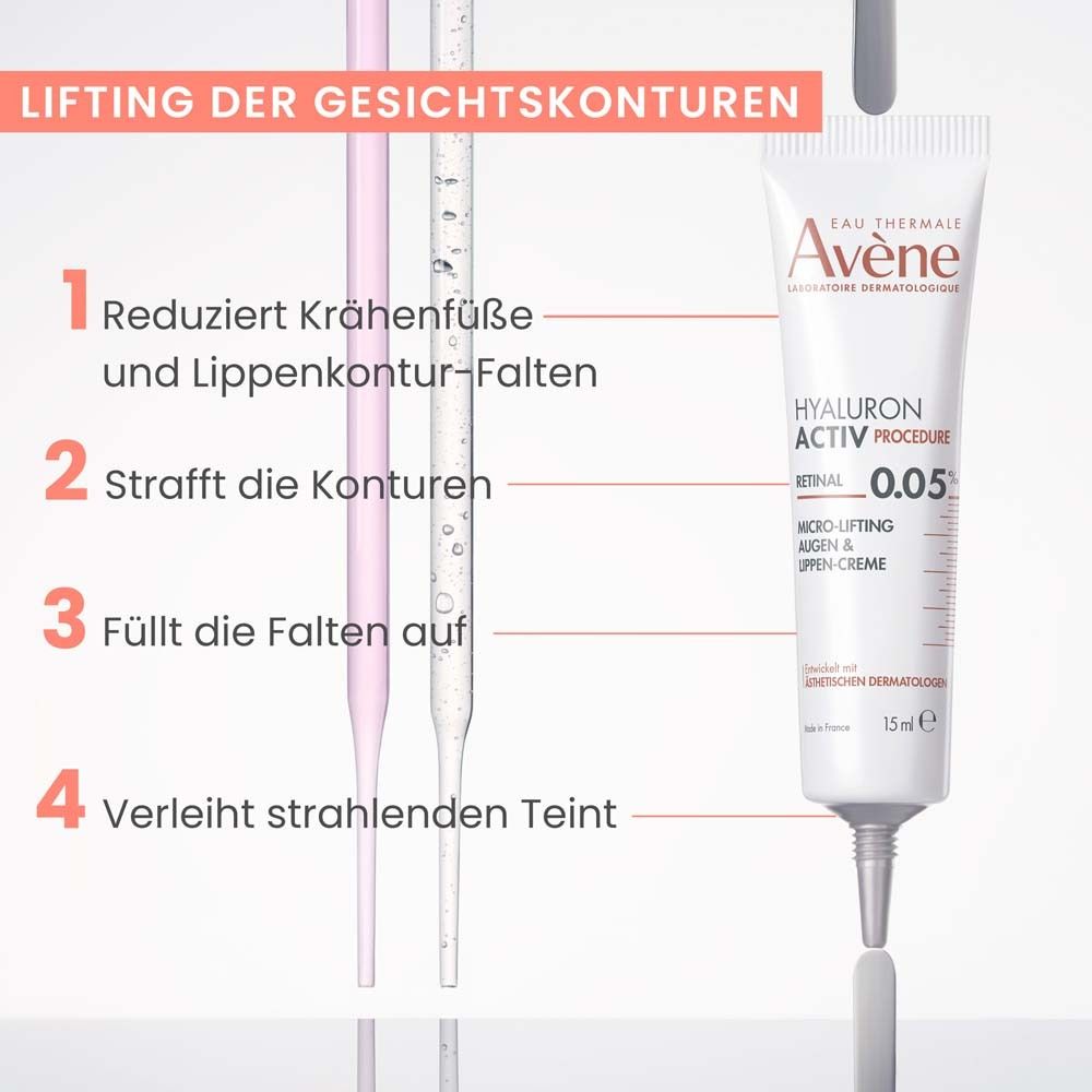 Crème yeux Avène. Tube blanc, embout argenté. Texte: Hyaluron Activ Procedure, Retinal 0.05%, Micro-Lifting Augen & Lippen Creme. 15ml.