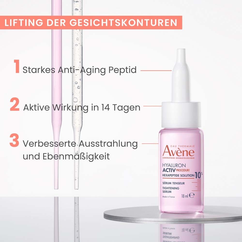 Sérum-booster Avène. Flacon rose avec pipette. Texte: Hyaluron Activ Procedure, Hexapeptide Solution 10%, Serum Tenseur, 18ml.