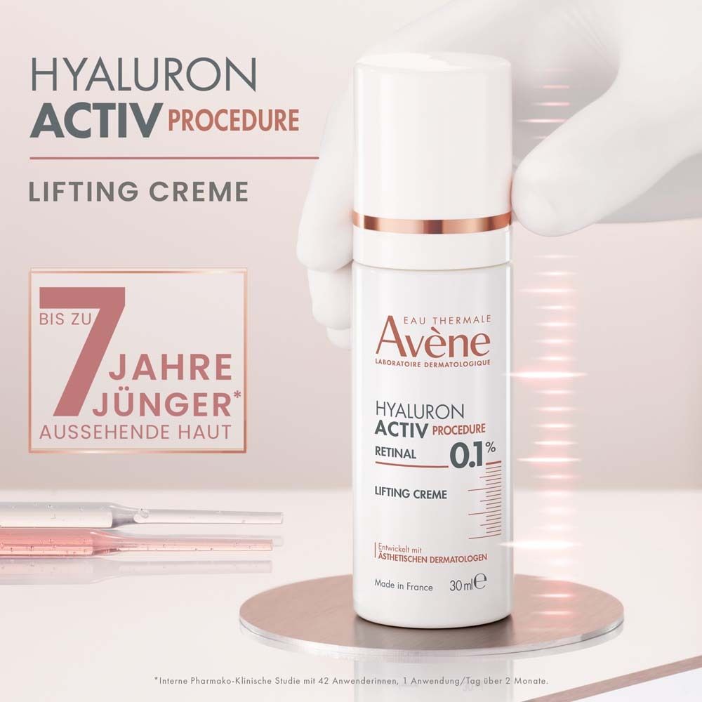 Crème liftante Avène. Flacon blanc, bouchon doré. Texte: Hyaluron Activ Procedure, Retinal 0.1%, Lifting Creme. 30ml. Jusqu'à 7 ans de moins.