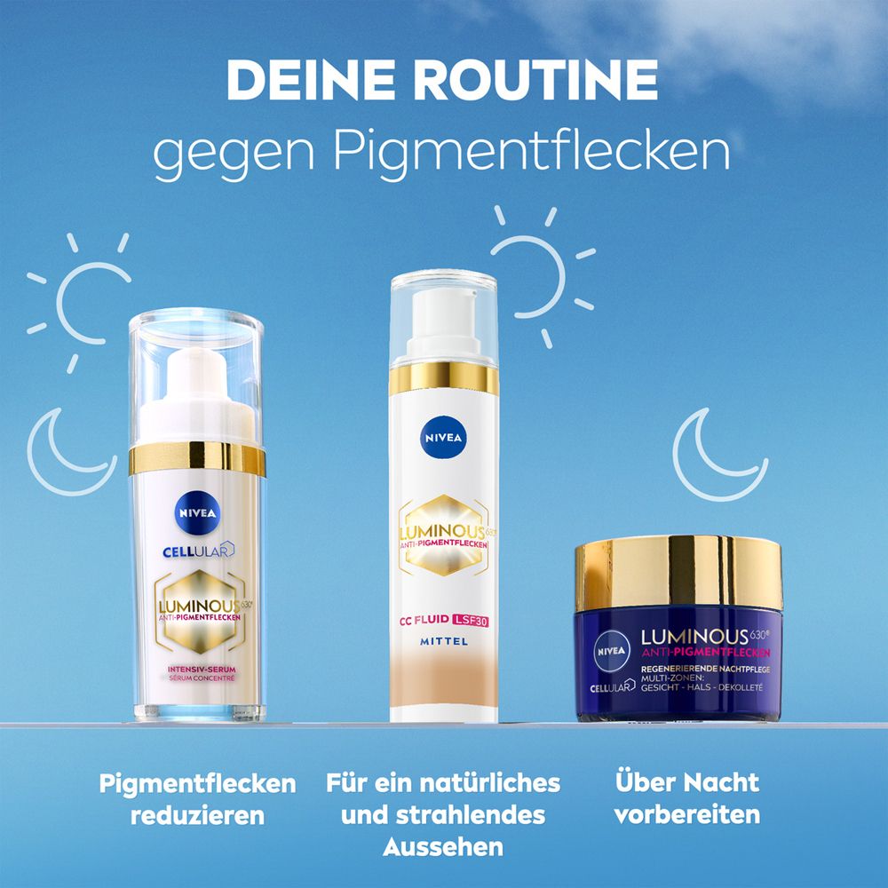 NIVEA Luminous630 Routine gegen Pigmentflecken: Serum, CC Fluid, Nachtpflege.