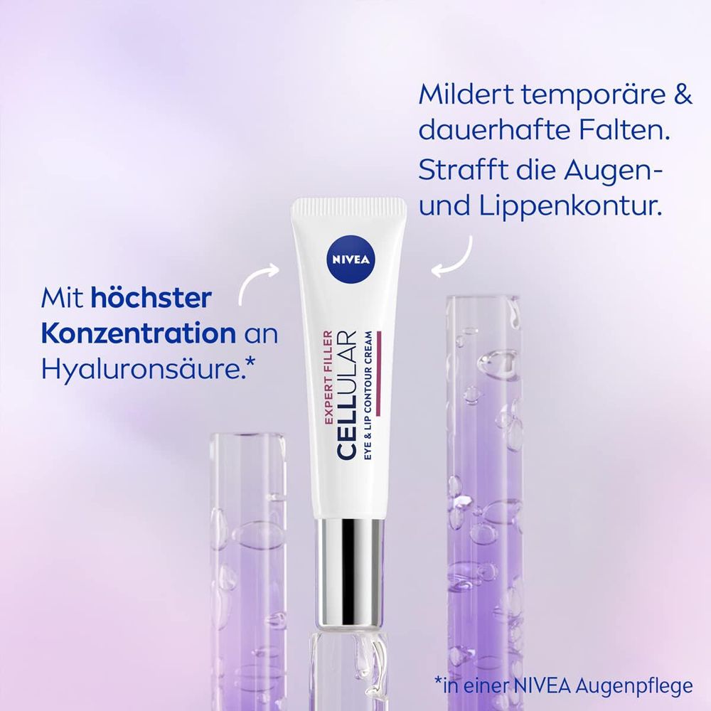 NIVEA CELLULAR Expert Filler Augen & Lippen Konturpflege Tube mit Hyaluronsäure-Darstellung.