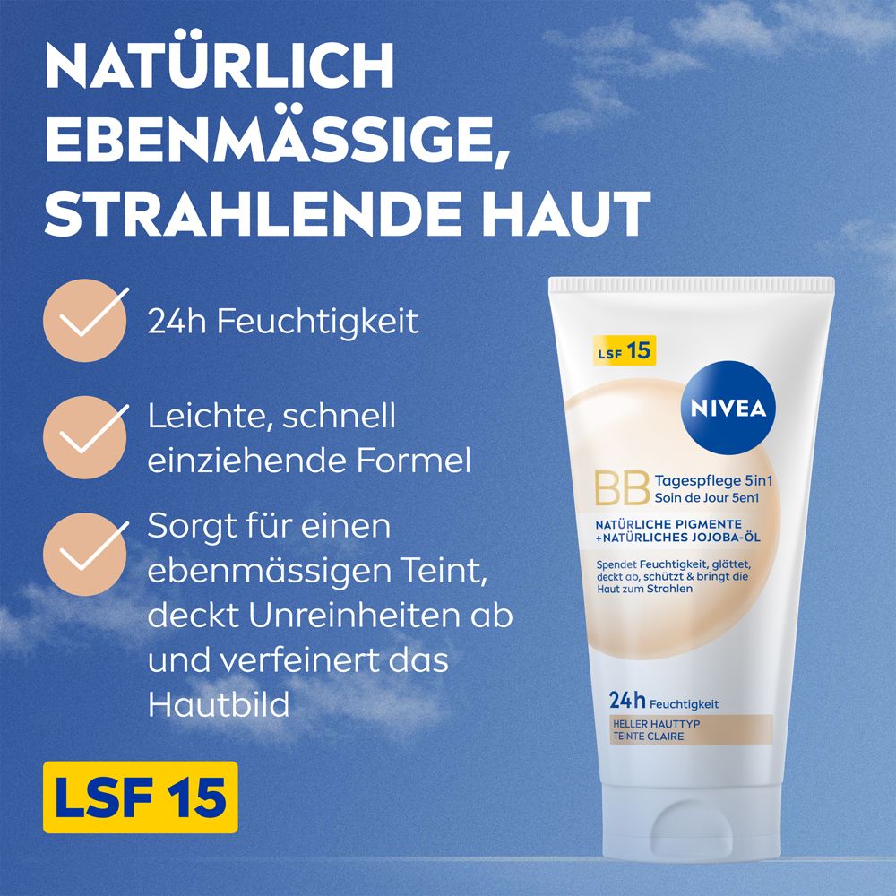 NIVEA BB Tagespflege 5in1 Tube. Text: Natürliche Pigmente + Jojoba-Öl. LSF 15. Für ebenmäßige, strahlende Haut.