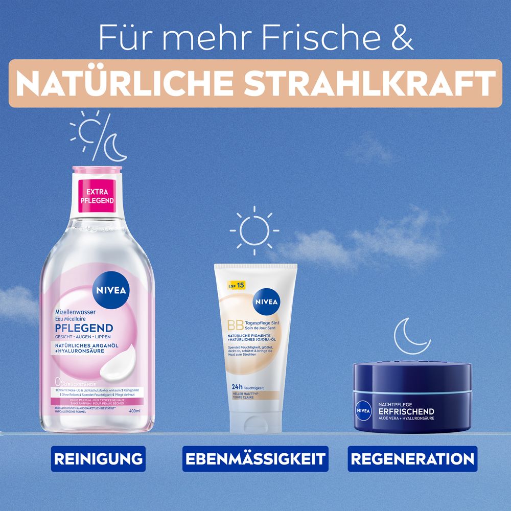 Drei NIVEA Produkte: Mizellenwasser, BB Tagespflege 5in1, Nachtpflege. Für mehr Frische & natürliche Strahlkraft.